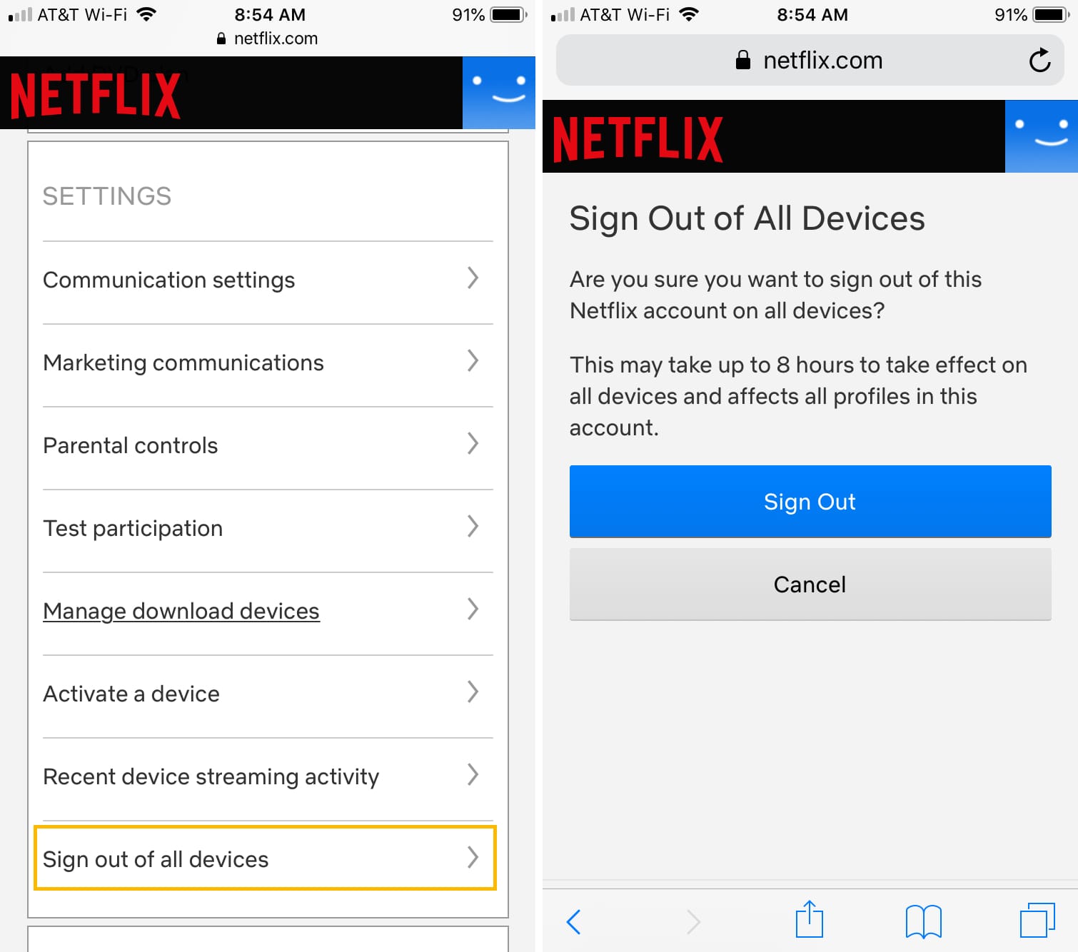 Esci da tutti i dispositivi Netflix iPhone