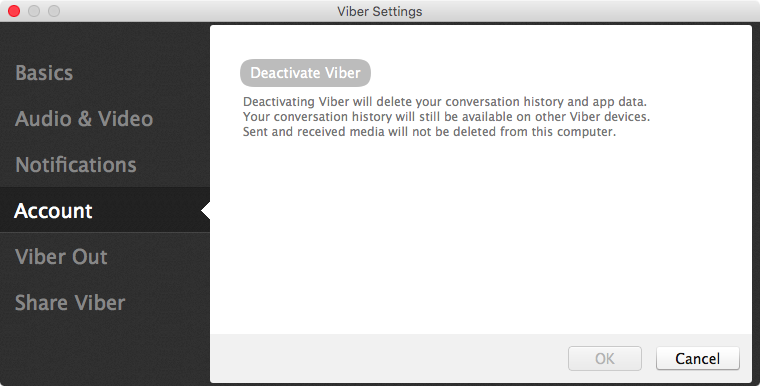 Viber disattiva l'account Mac screenshot 001