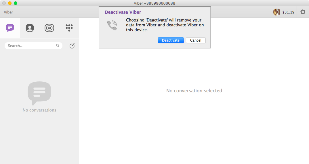 Viber disattiva l'account Mac screenshot 002