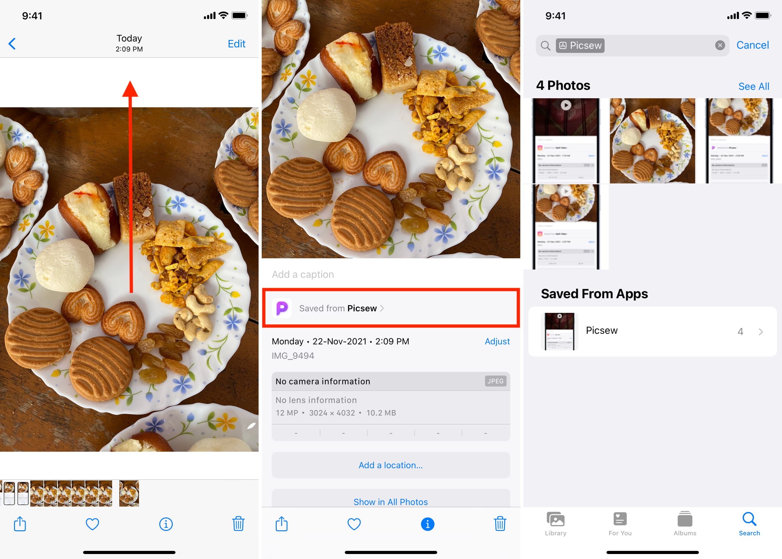 Scorri verso l'alto su un'immagine nell'app Foto di iPhone per vederla "Salvato da" informazione