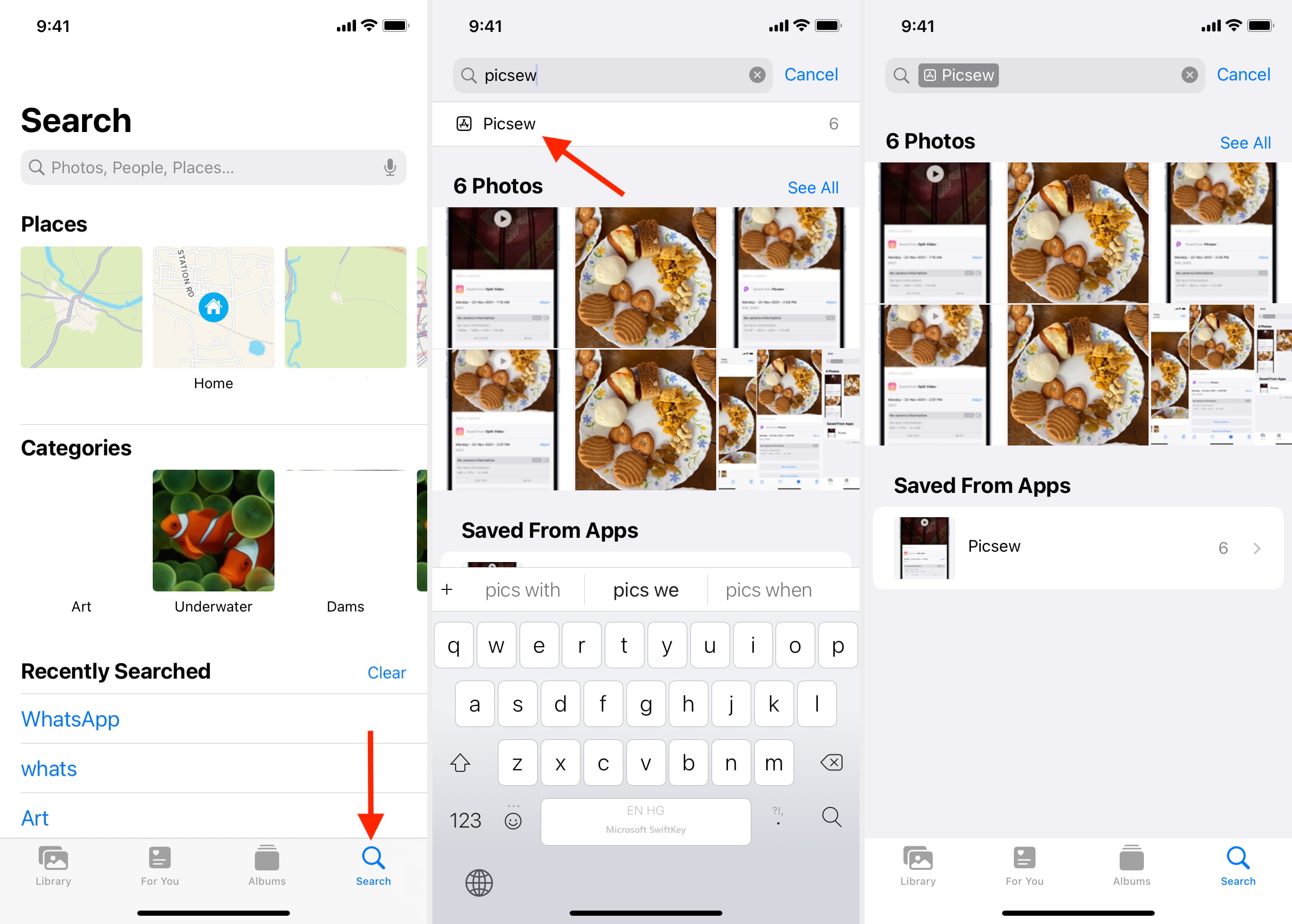 Tocca Cerca nell'app Foto di iPhone e digita il nome dell'app per vedere tutte le sue immagini