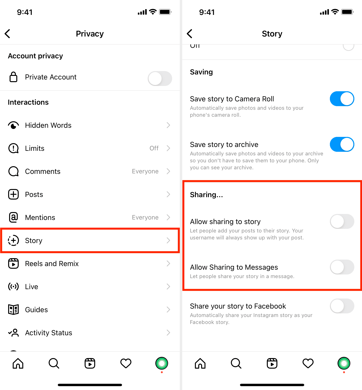 Disattiva le impostazioni di condivisione di Instagram