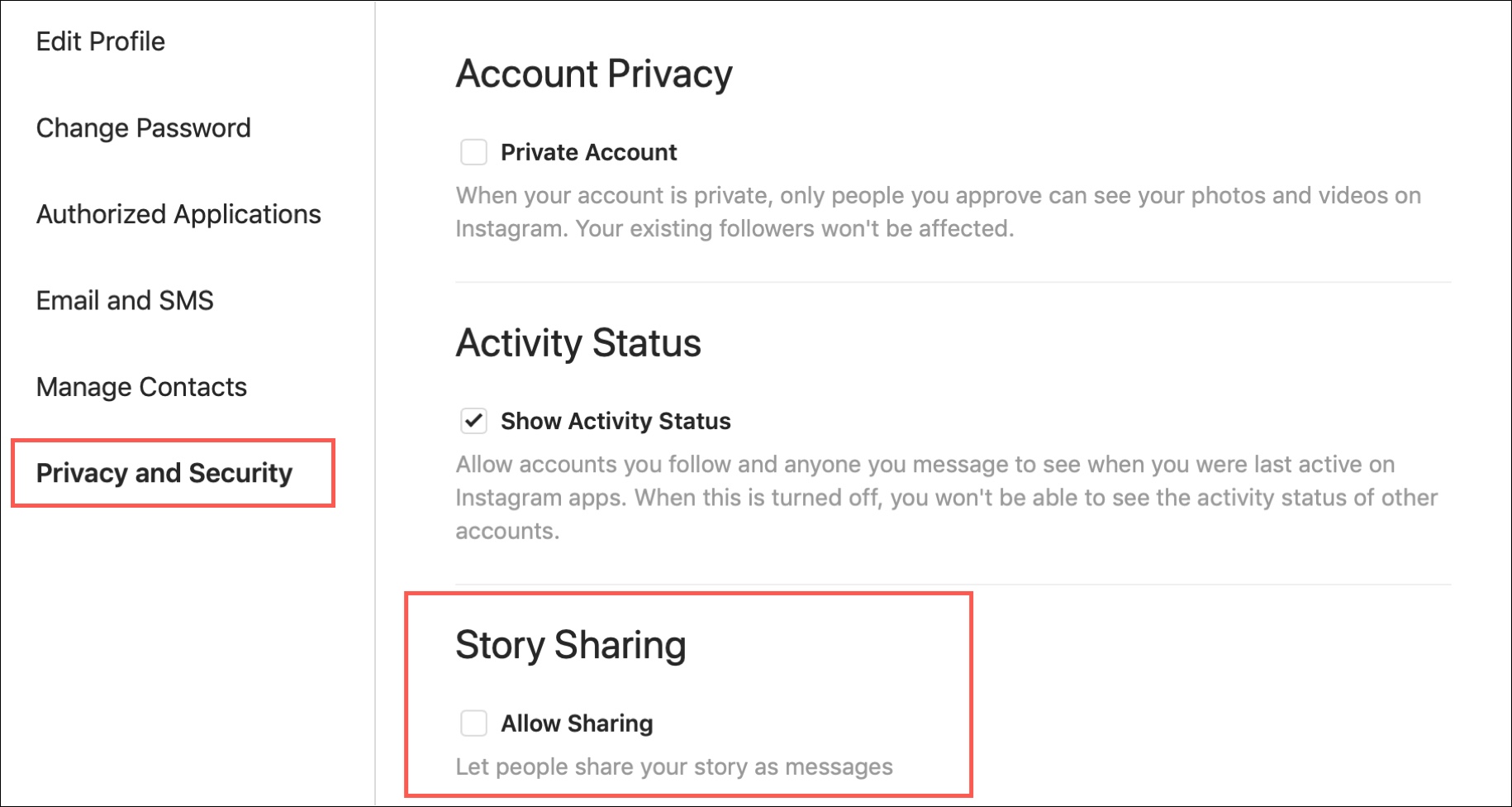 Disabilita la condivisione delle storie su Instagram Web