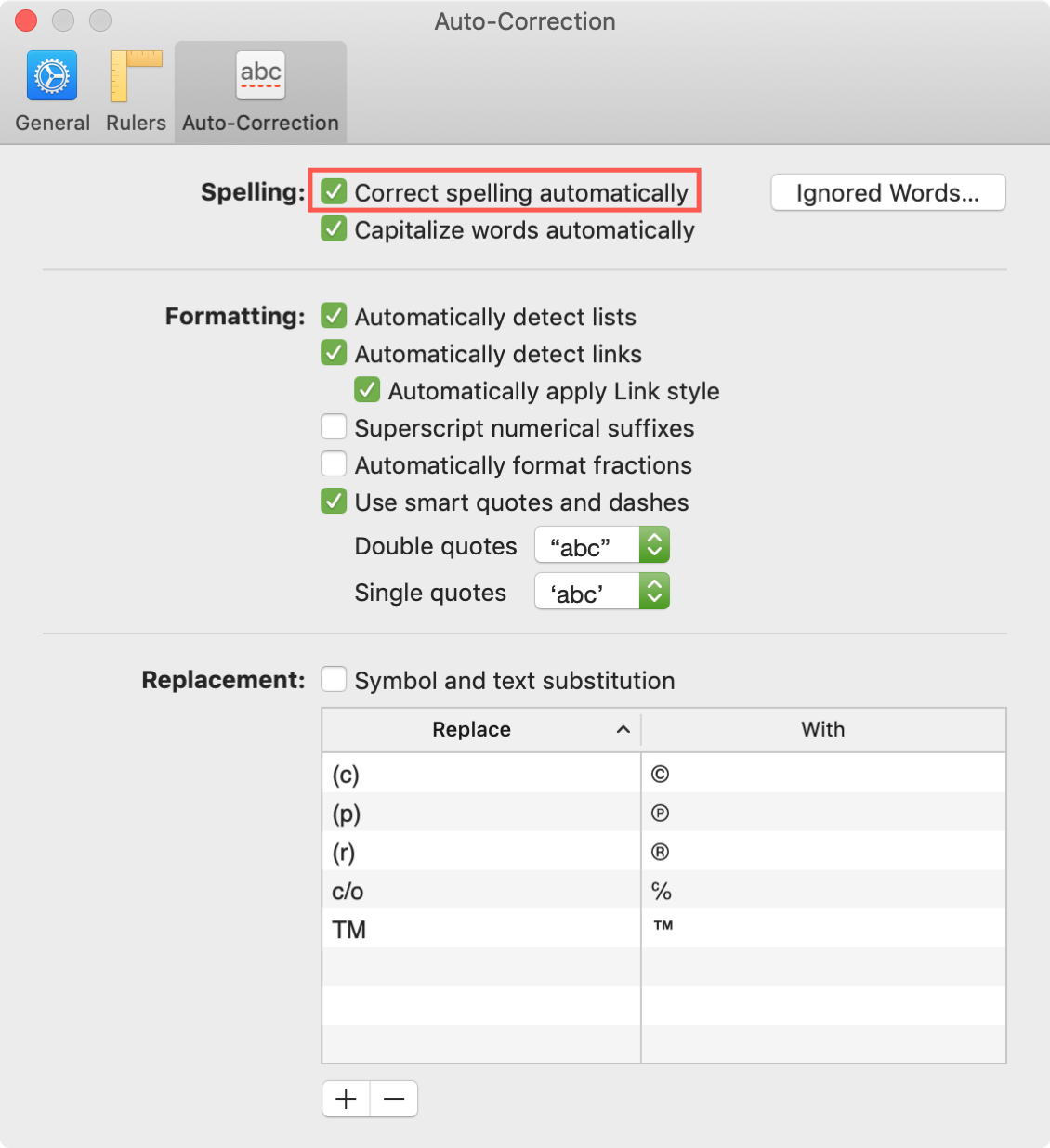 Abilita le pagine di correzione automatica Mac