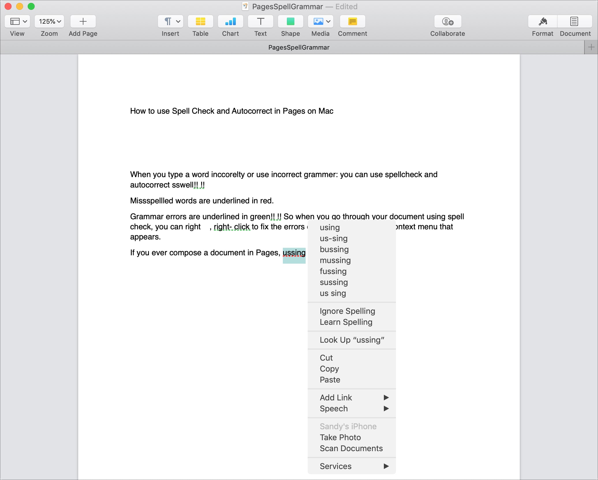 Grammatica ortografica Controllo delle pagine del menu contestuale Mac