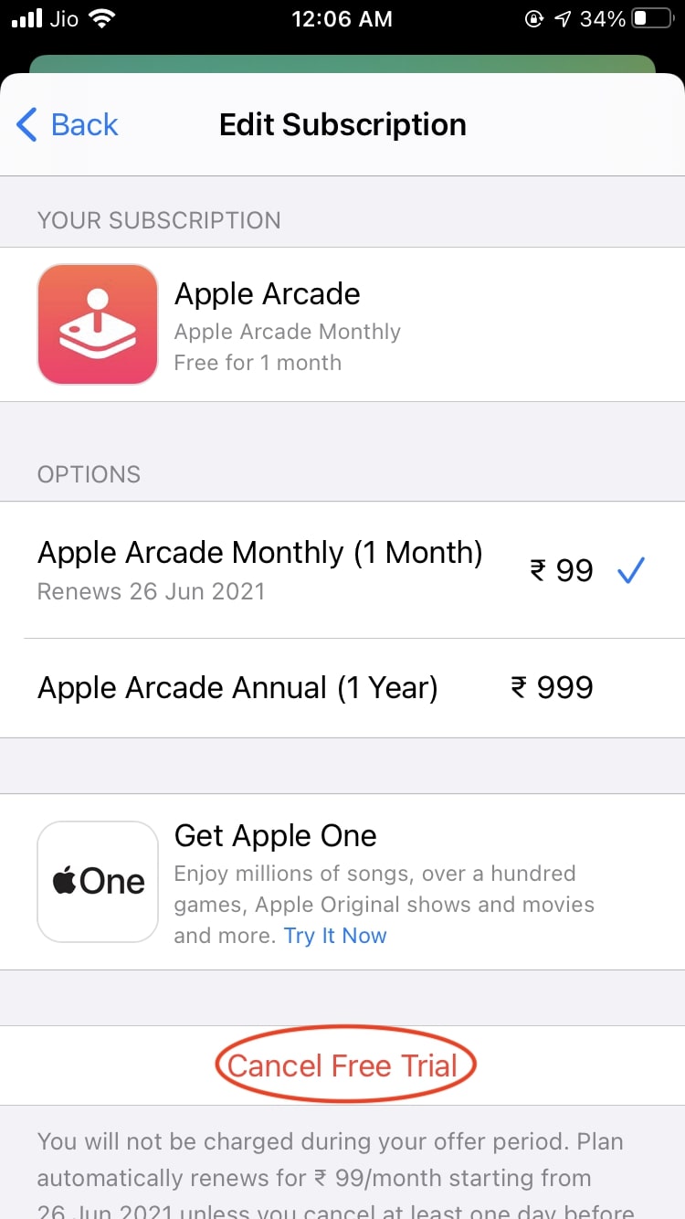 Annulla Apple Arcade iPhone