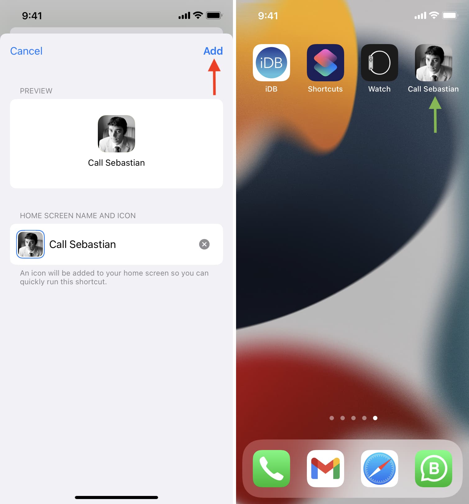Collegamento al contatto aggiunto alla schermata iniziale di iPhone