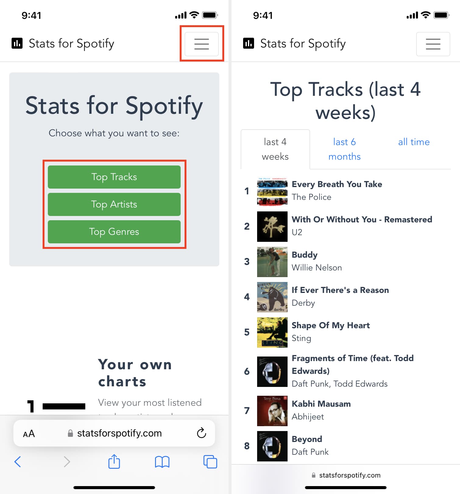 Usa le statistiche per Spotify per vedere i tuoi brani migliori negli ultimi un mese, sei mesi o tutti i tempi