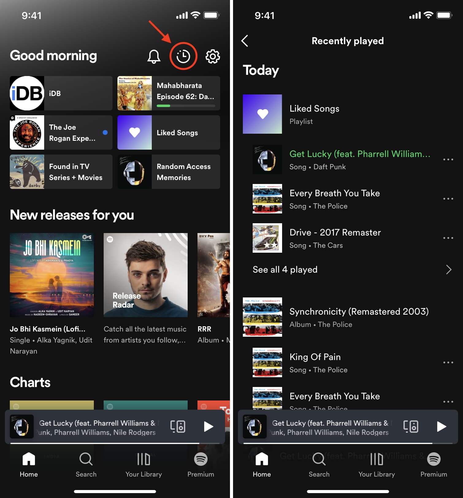 Passaggi per vedere i brani che Spotify ha riprodotto di recente sul dispositivo mobile