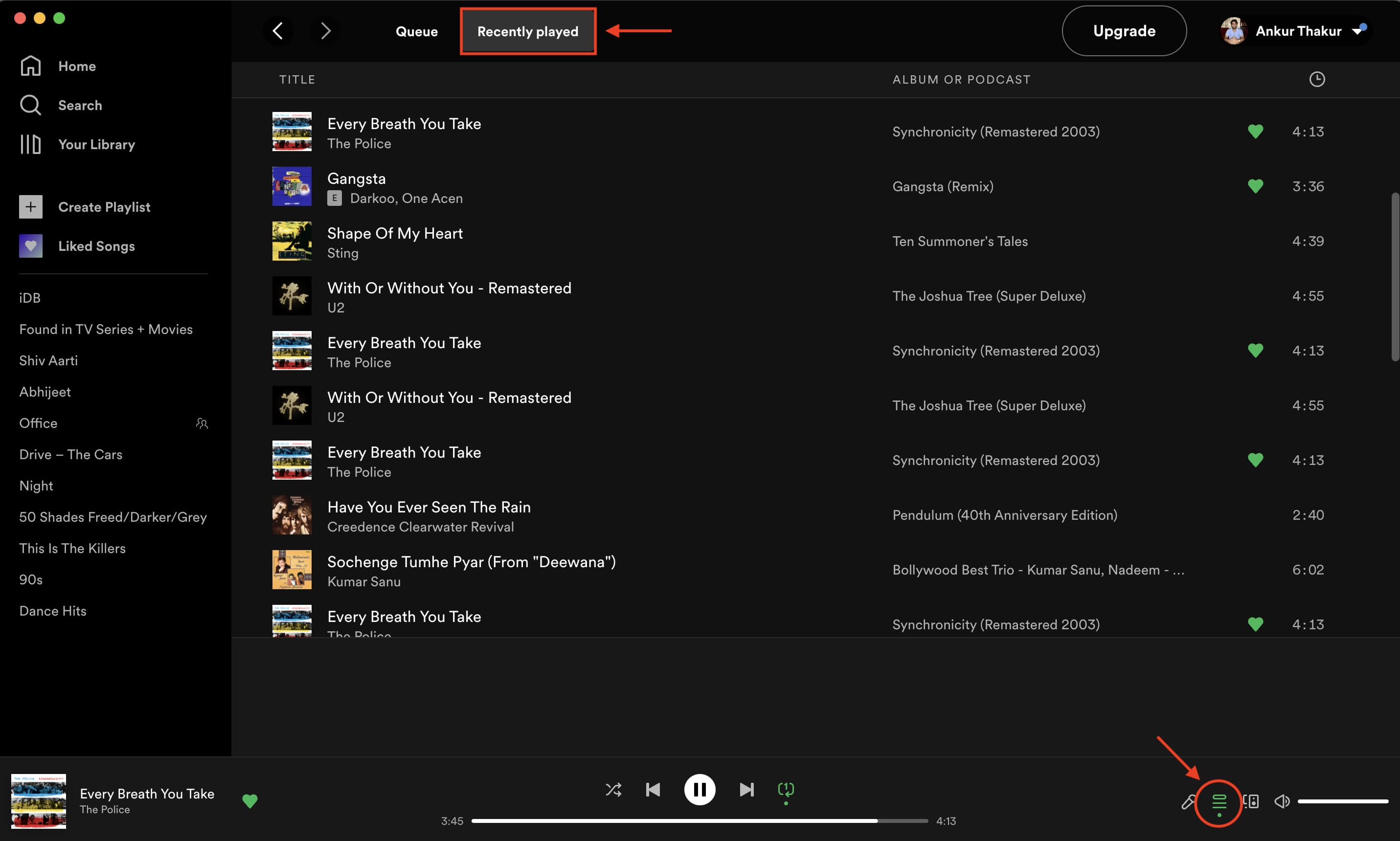 Fai clic sul pulsante della coda e poi su Riprodotti di recente per vedere i brani riprodotti di recente da Spotify sul computer