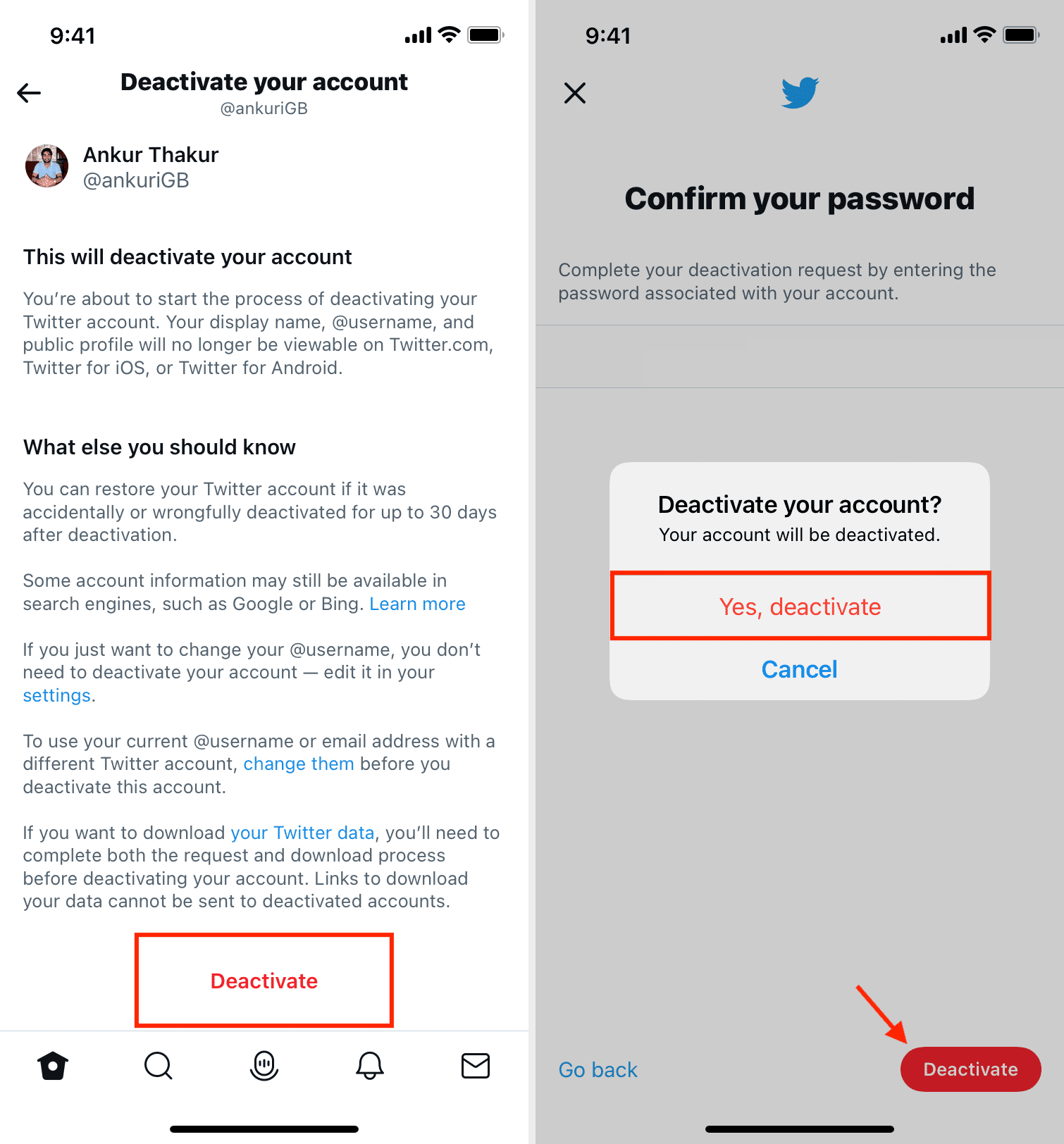 Conferma per disattivare il tuo account Twitter