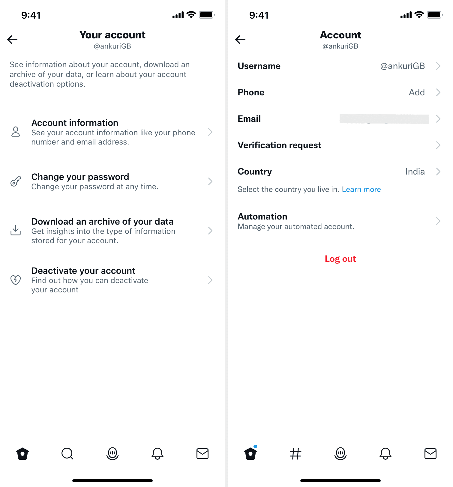 Nome utente delle informazioni sull'account Twitter e impostazioni e-mail