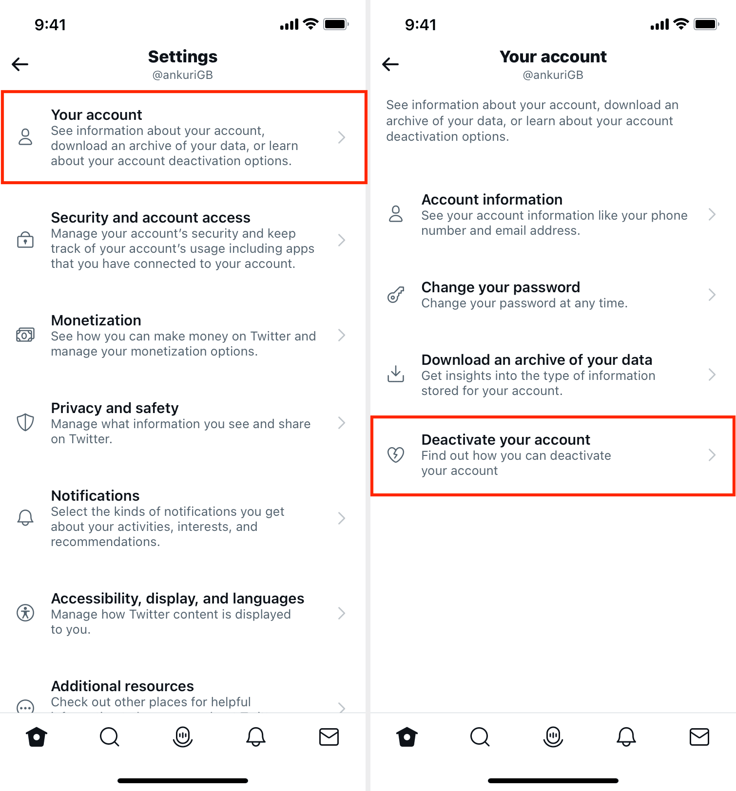 Twitter Disattiva le impostazioni del tuo account