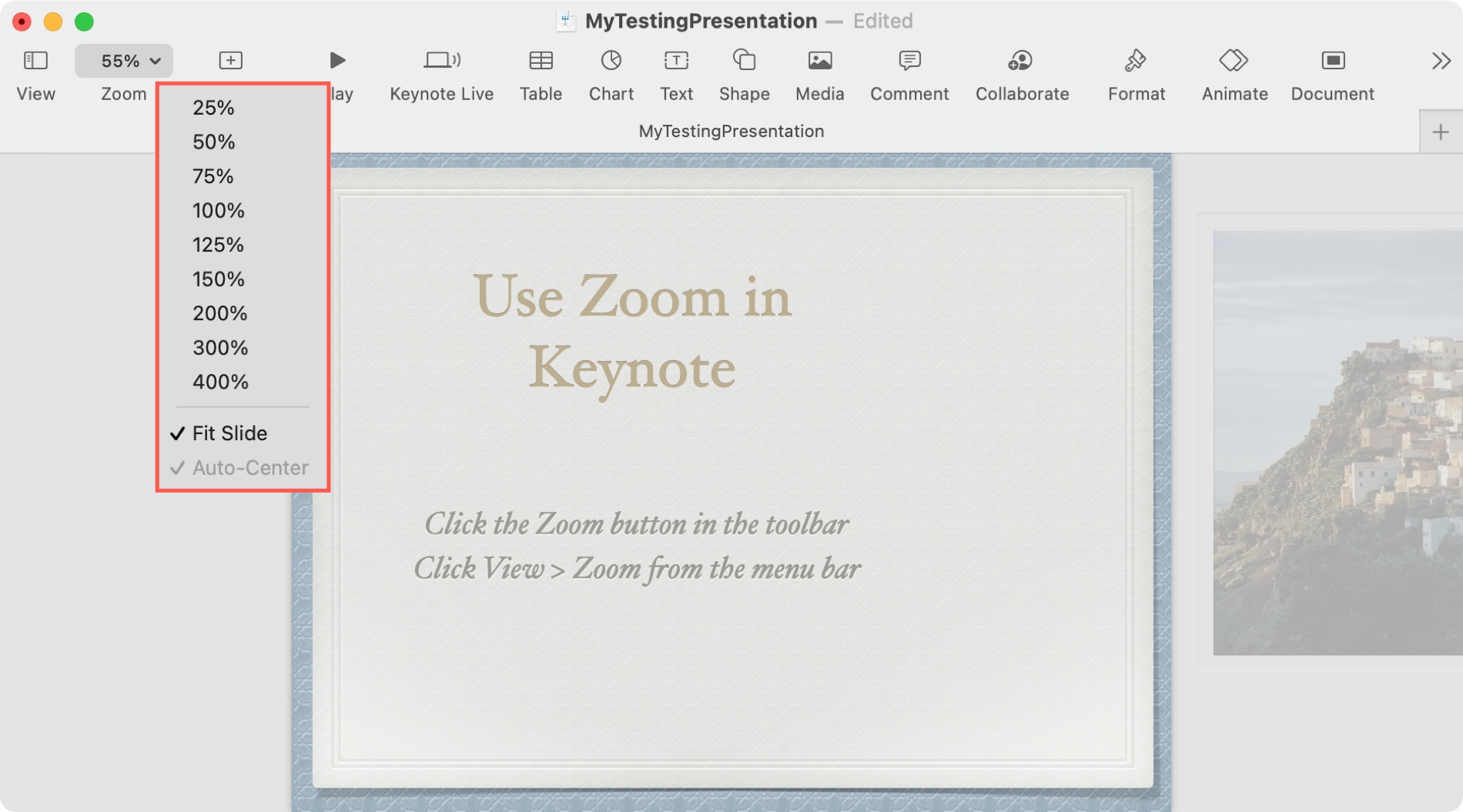 Keynote Zoom per adattare la diapositiva su Mac