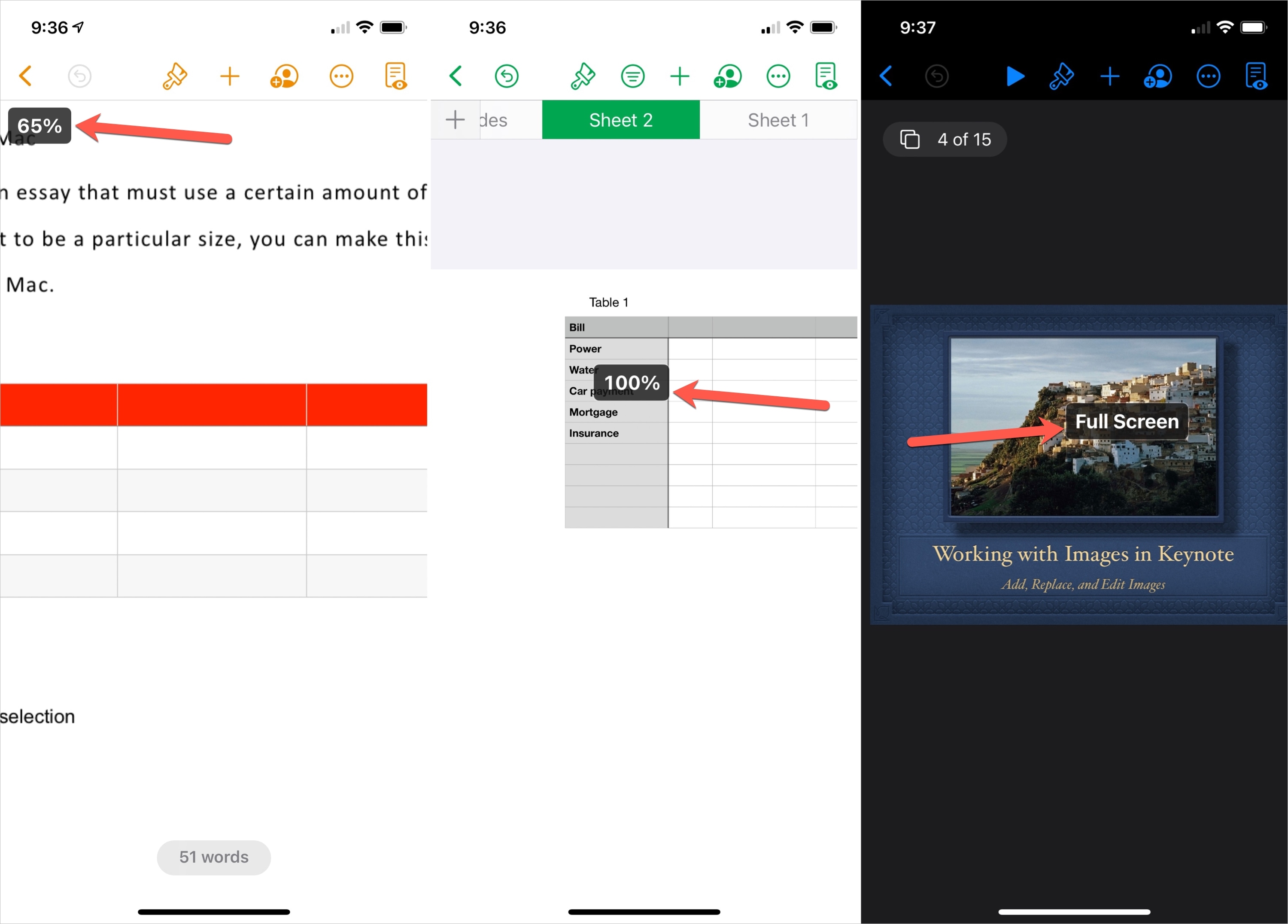 Ingrandisci e rimpicciolisci Pages, Numbers e Keynote su iPhone