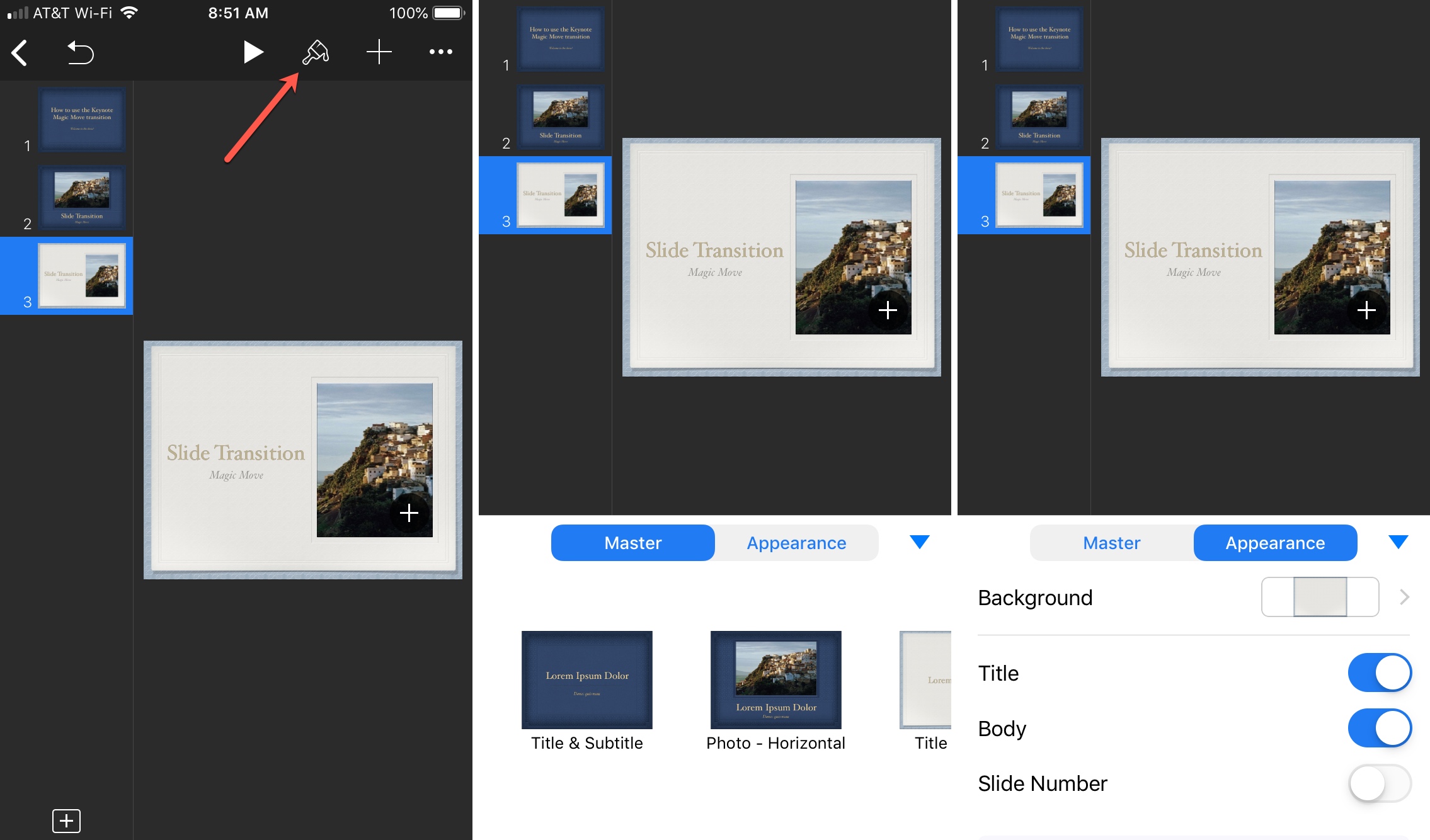 Modifica il layout della diapositiva di Keynote su iPhone