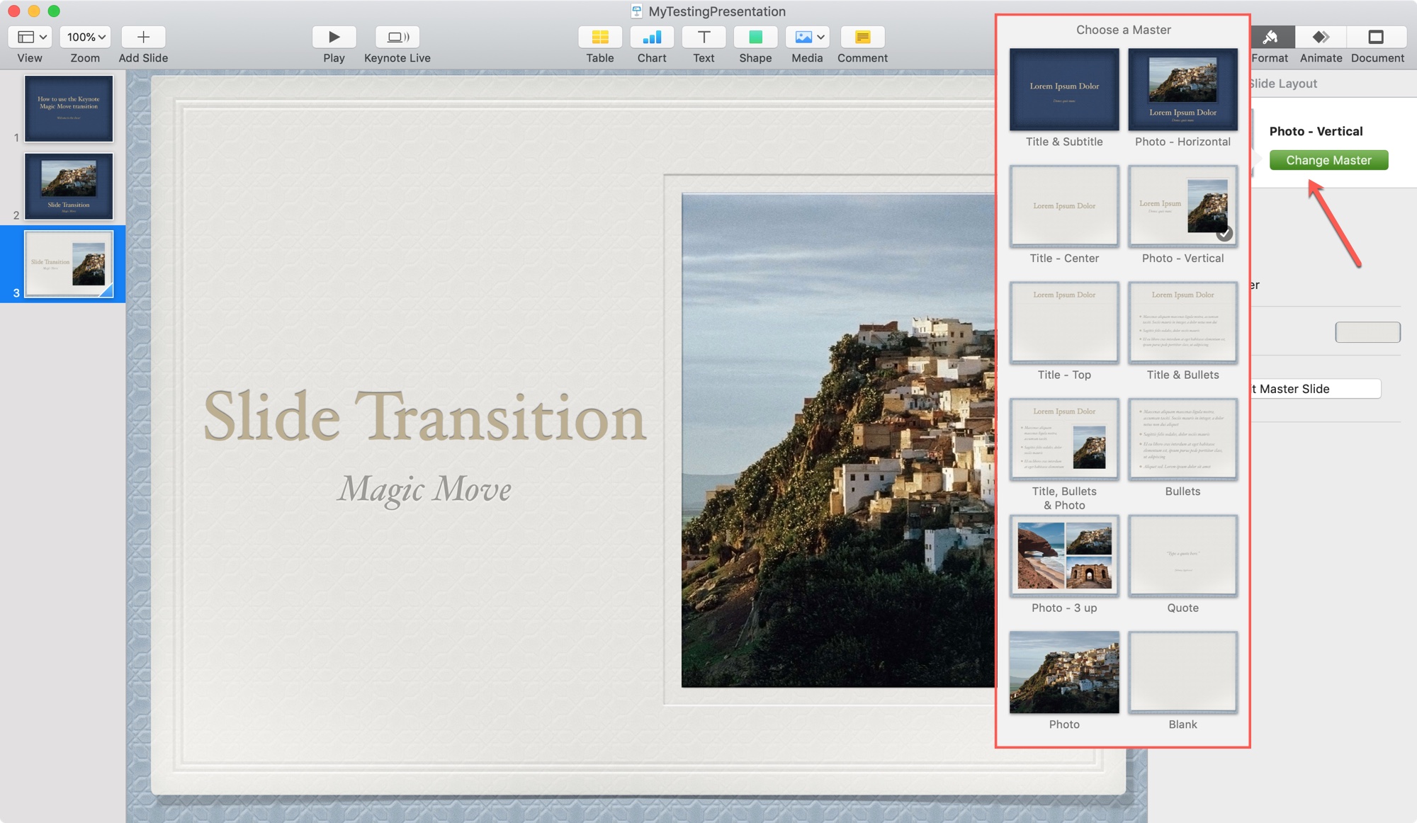 Modifica il layout della diapositiva di Keynote su Mac