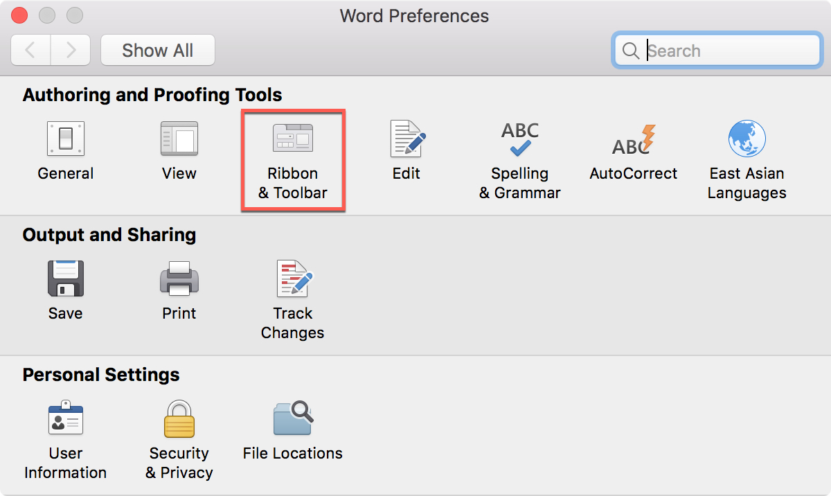 Barra multifunzione e barra degli strumenti di Word nelle Preferenze