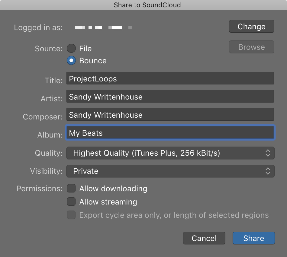 GarageBand Condividi su SoundCloud Mac