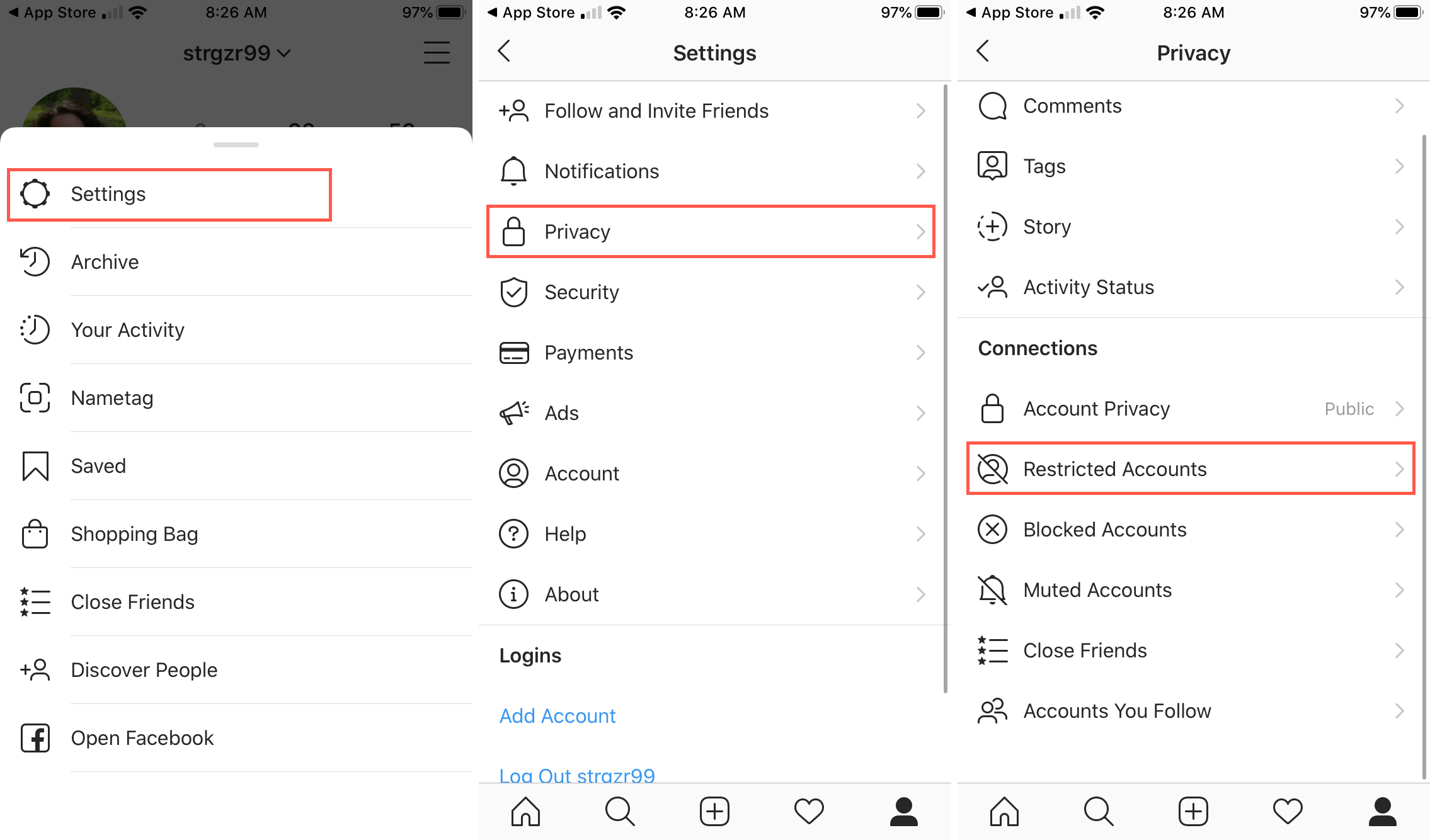 Impostazioni Privacy Conti limitati Intagram