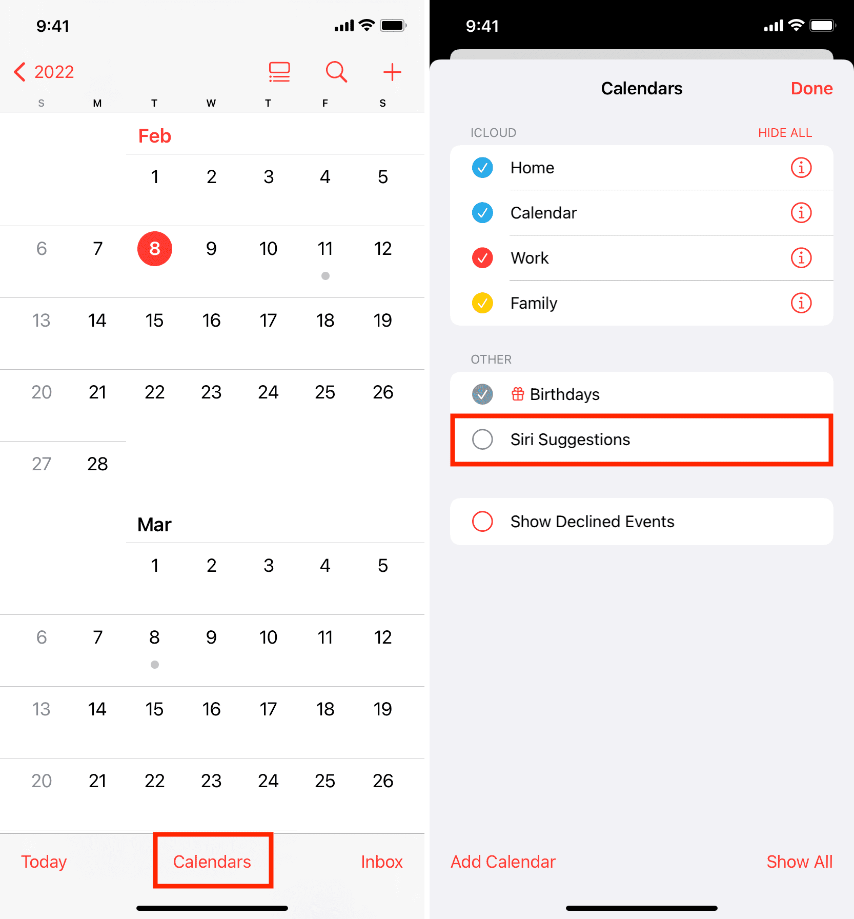 Disabilita i suggerimenti di Siri nell'app Calendario di iOS