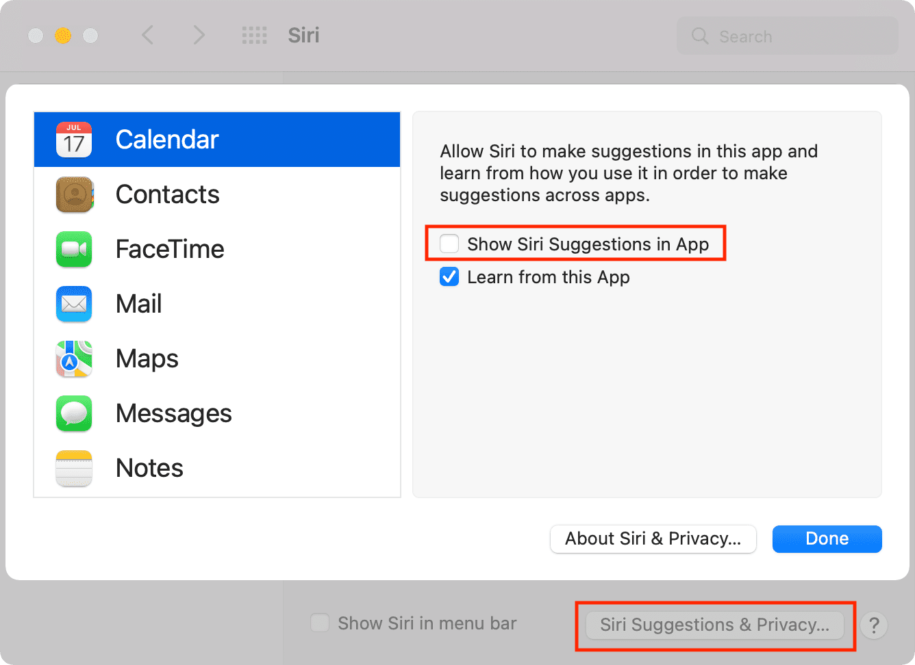 Disattiva il suggerimento Siri nell'app Calendario sul Mac