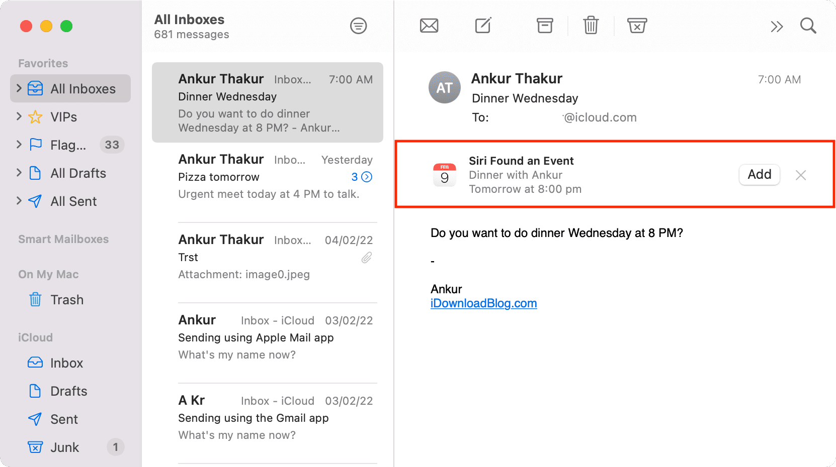 Siri ha trovato un evento nell'app Mail su Mac