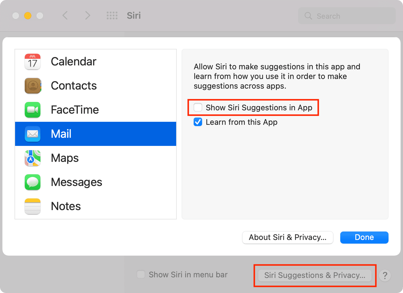 Disabilita i suggerimenti Siri degli eventi di posta su Mac