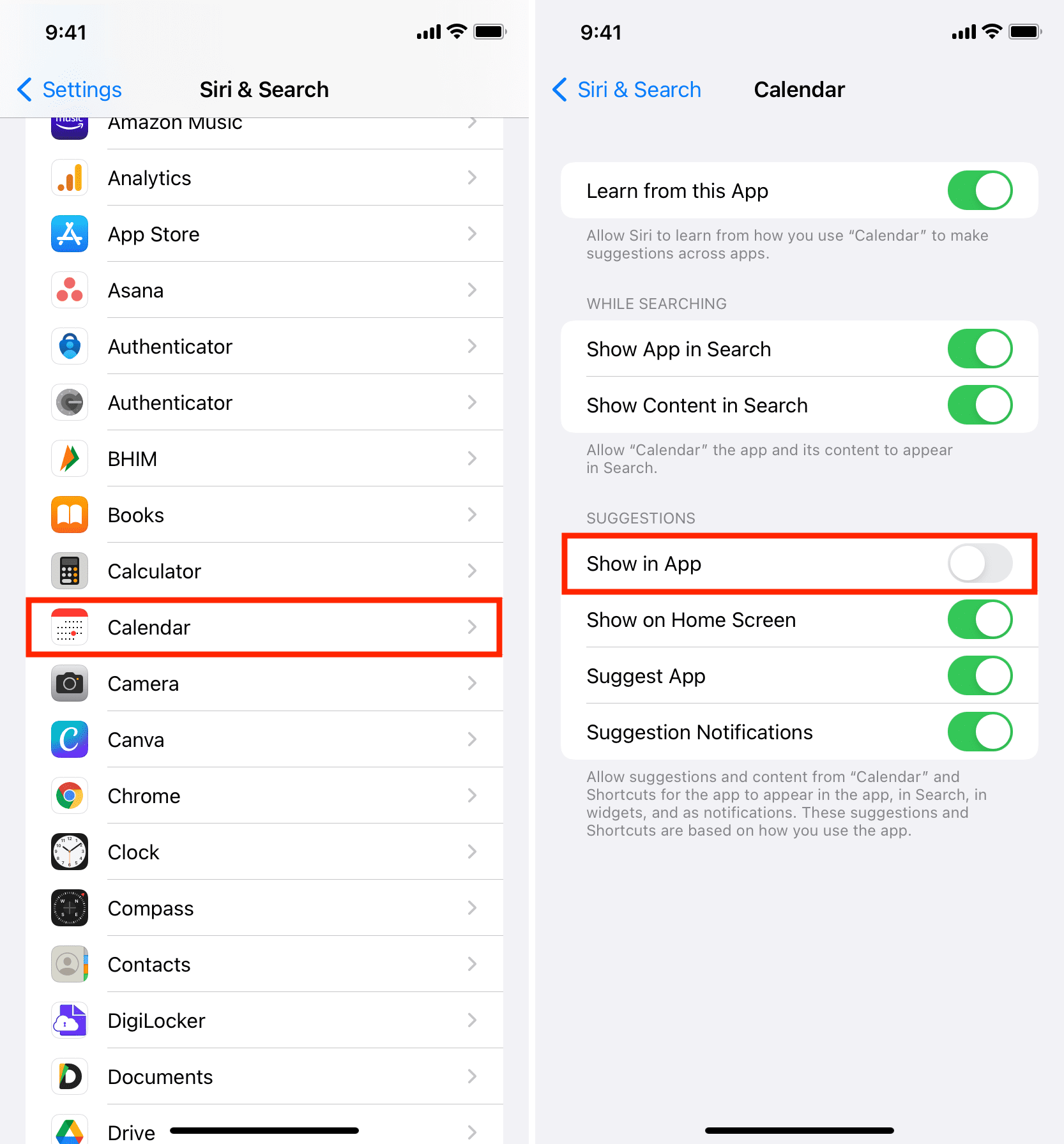 Disattiva Siri Suggestion for Calendar app su iPhone