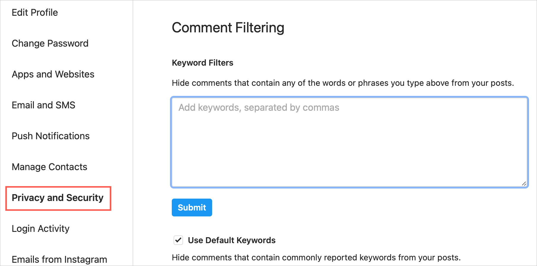 Filtraggio dei commenti su Instagram online