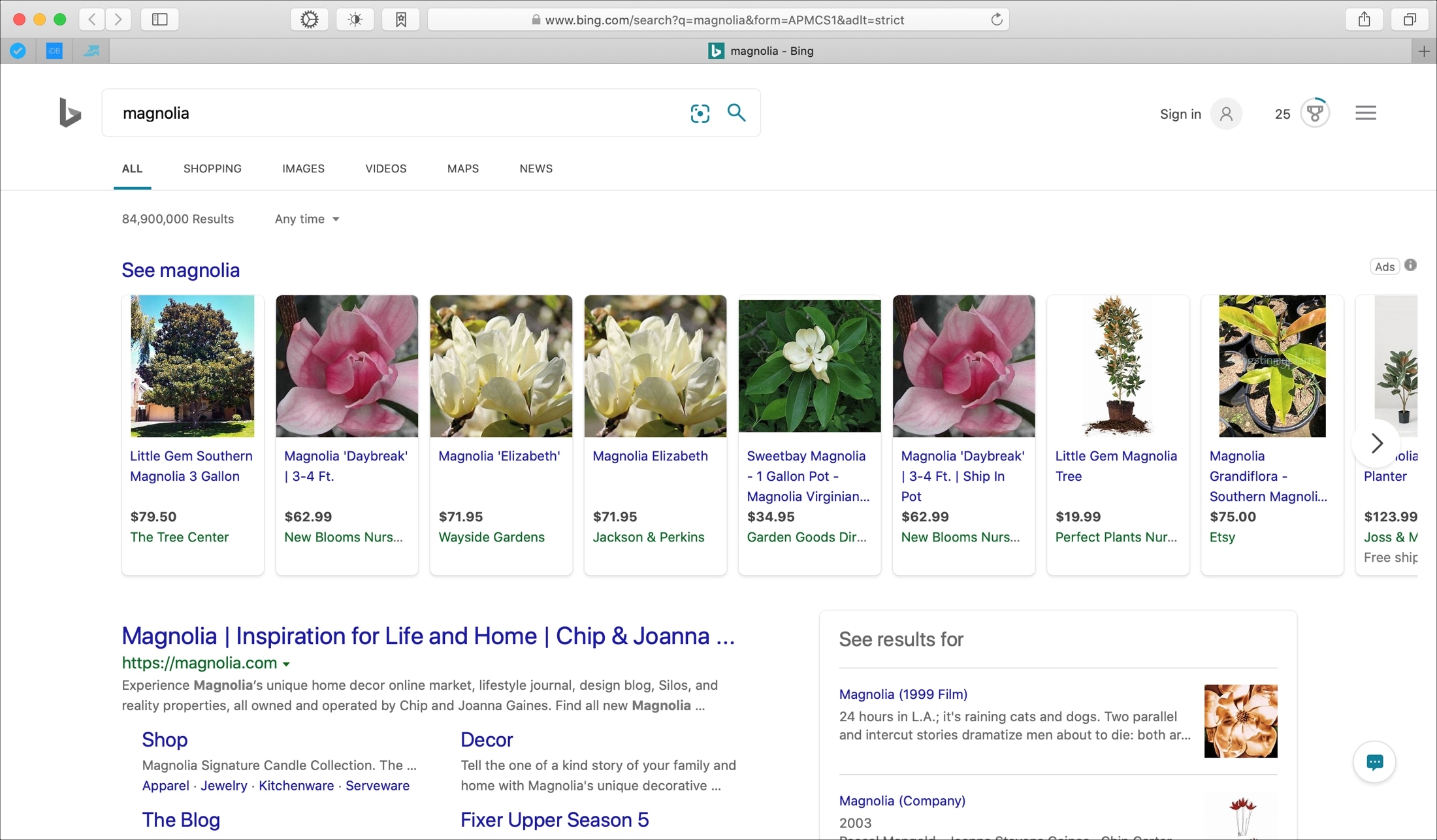 Risultati della ricerca di Magnolia su Bing