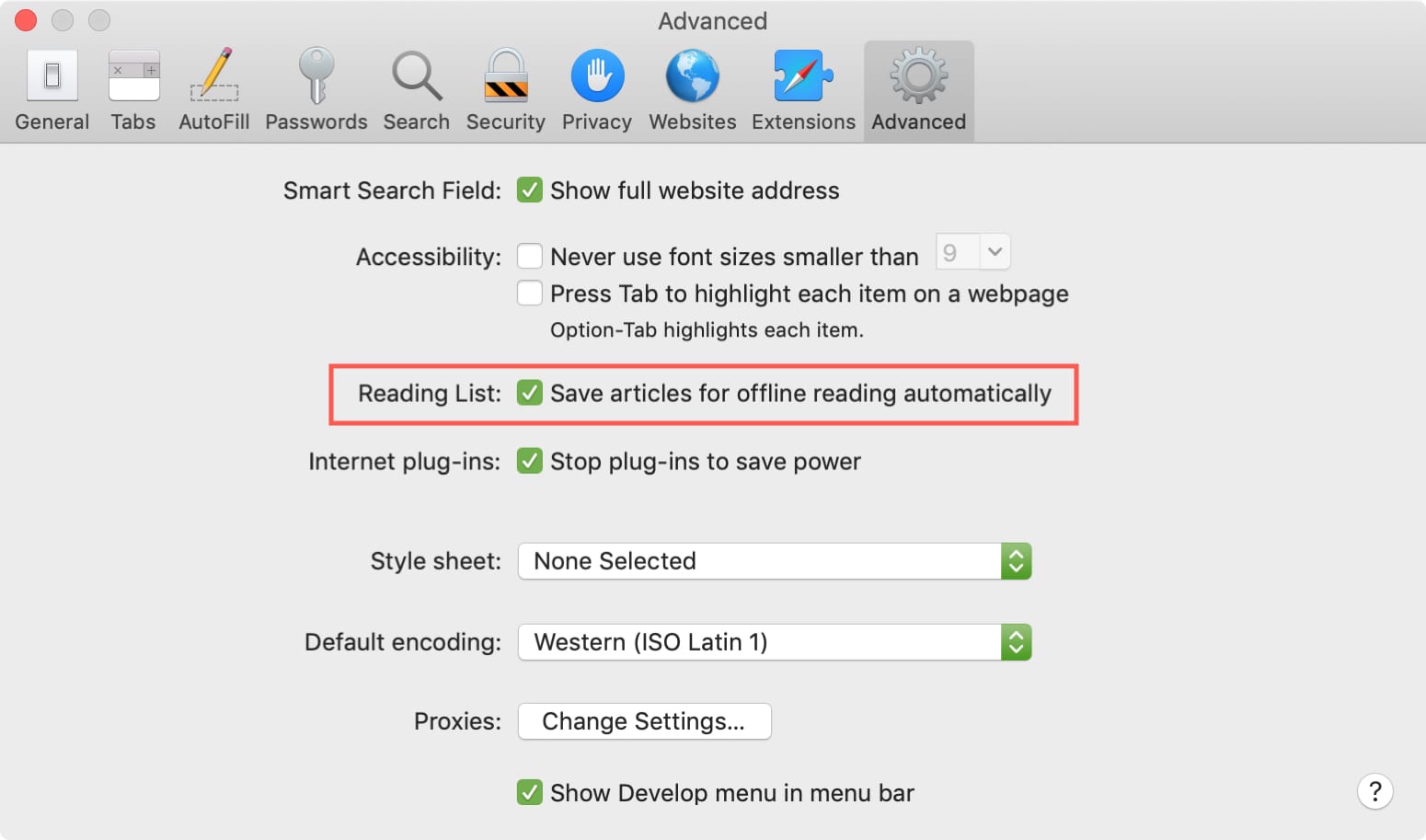 Abilita l'elenco di lettura di Safari offline Mac