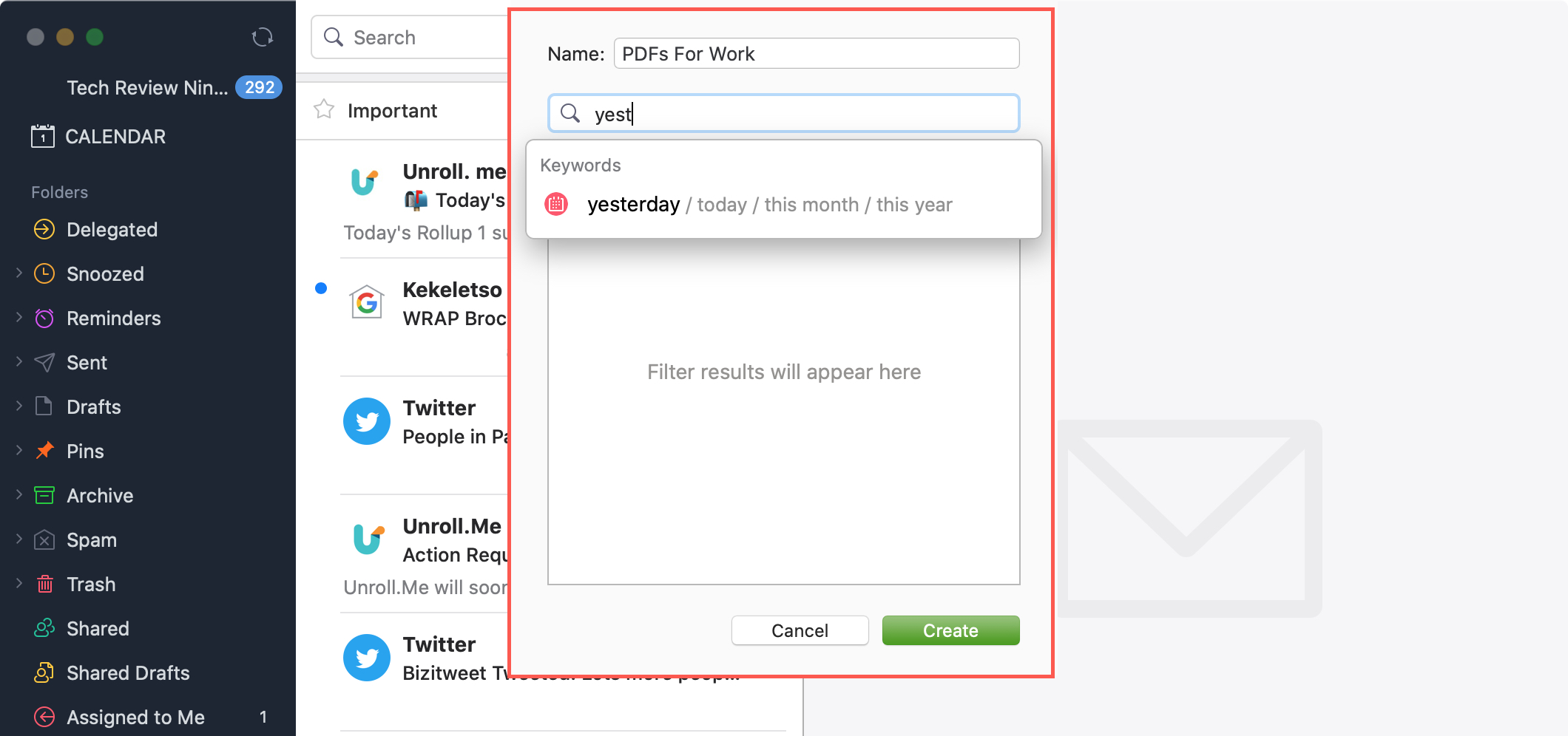 Spark Mac Smart Folder Inserisci le parole chiave