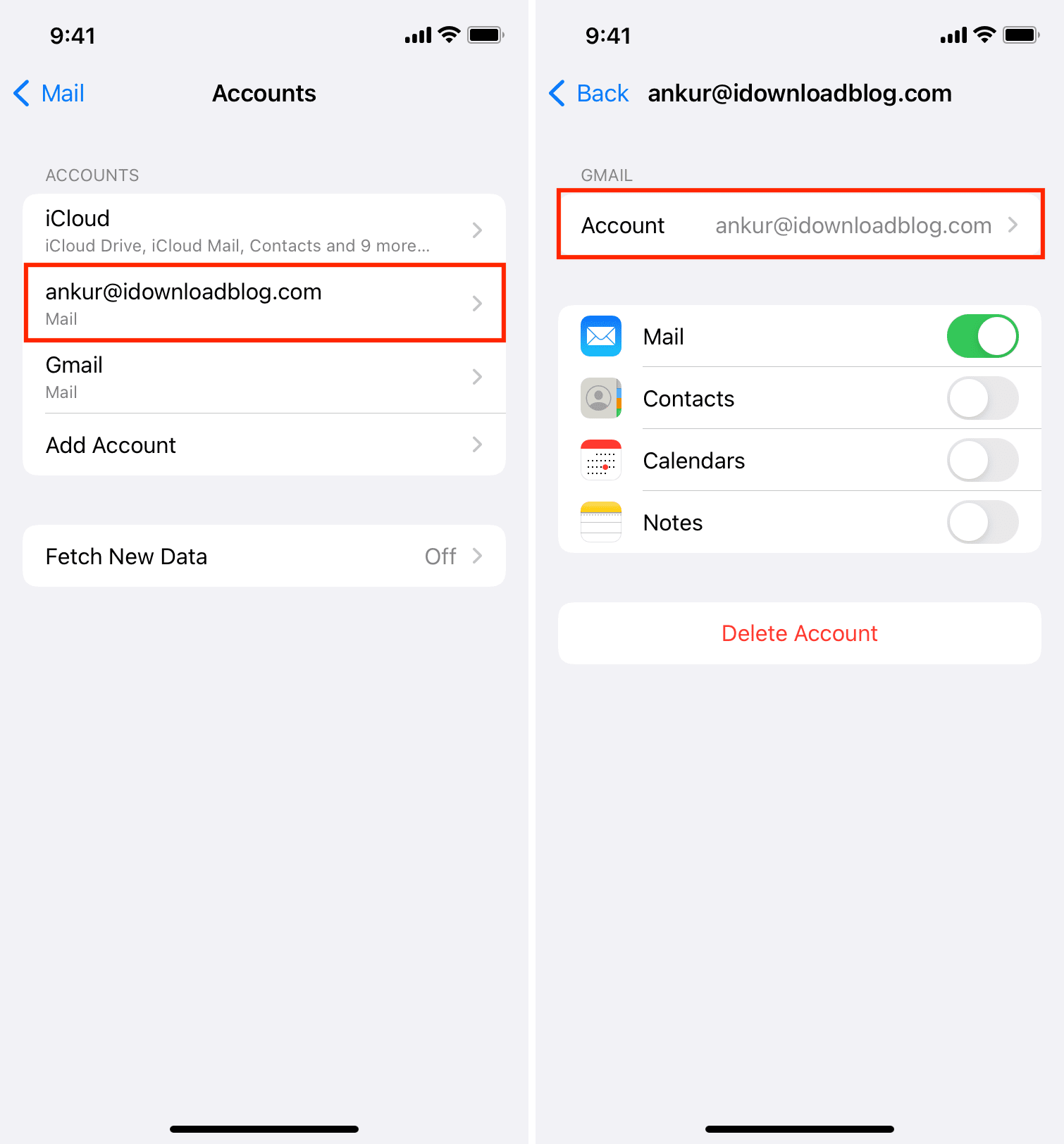 Seleziona l'account e-mail nelle Impostazioni dell'iPhone