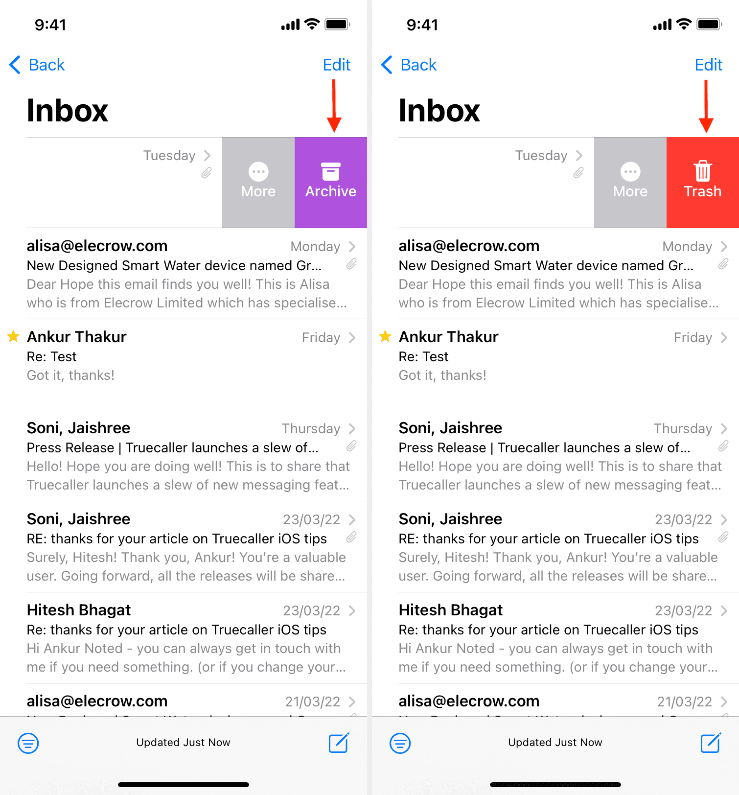 Azione di scorrimento della posta nel cestino su iPhone