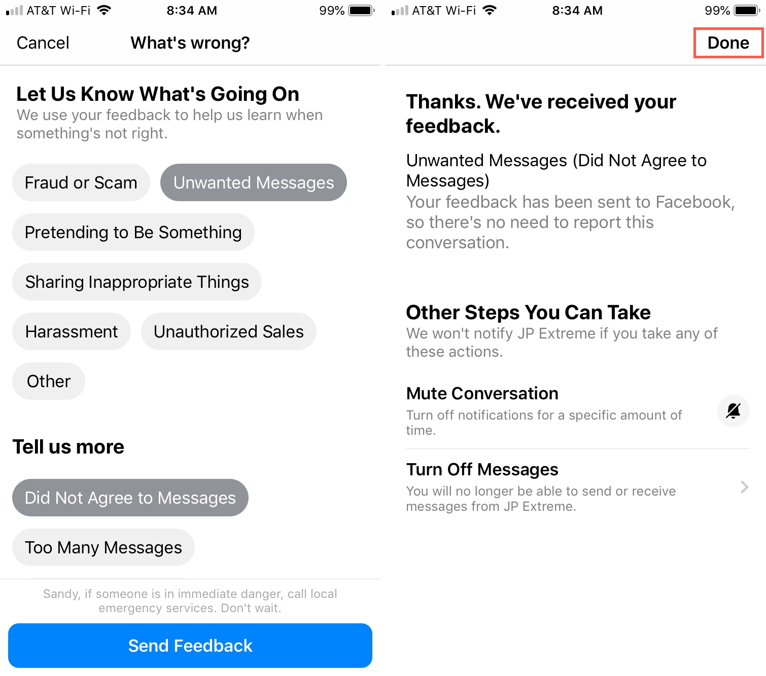 FB Messenger Invia feedback iPhone