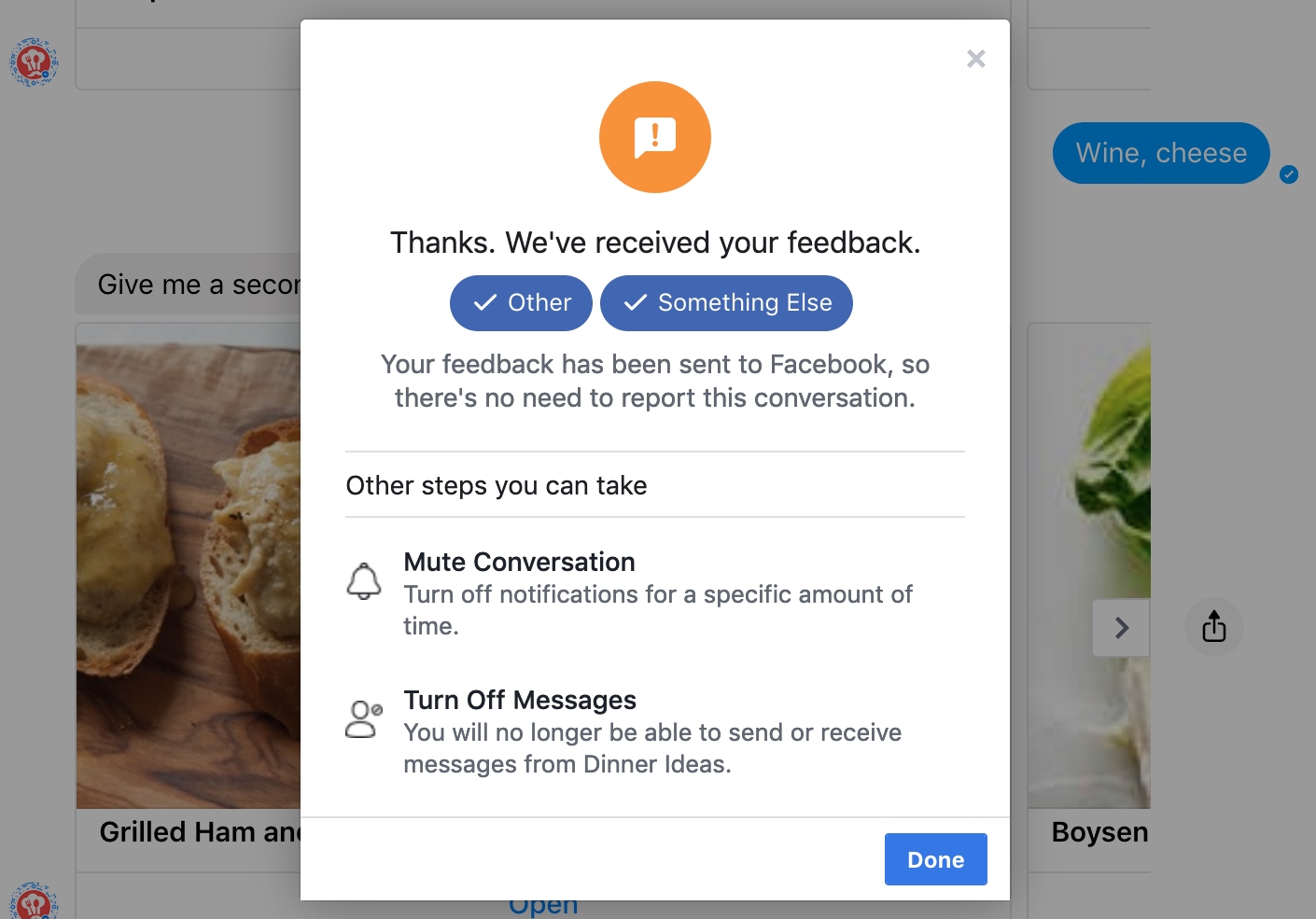 FB Messenger Invia feedback Web