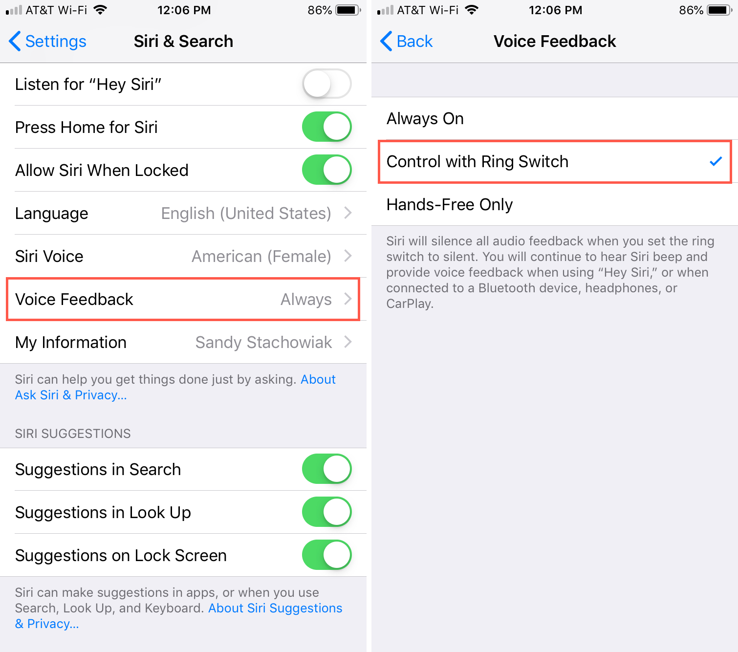 Controllo del feedback vocale di Siri con Switch iPhone