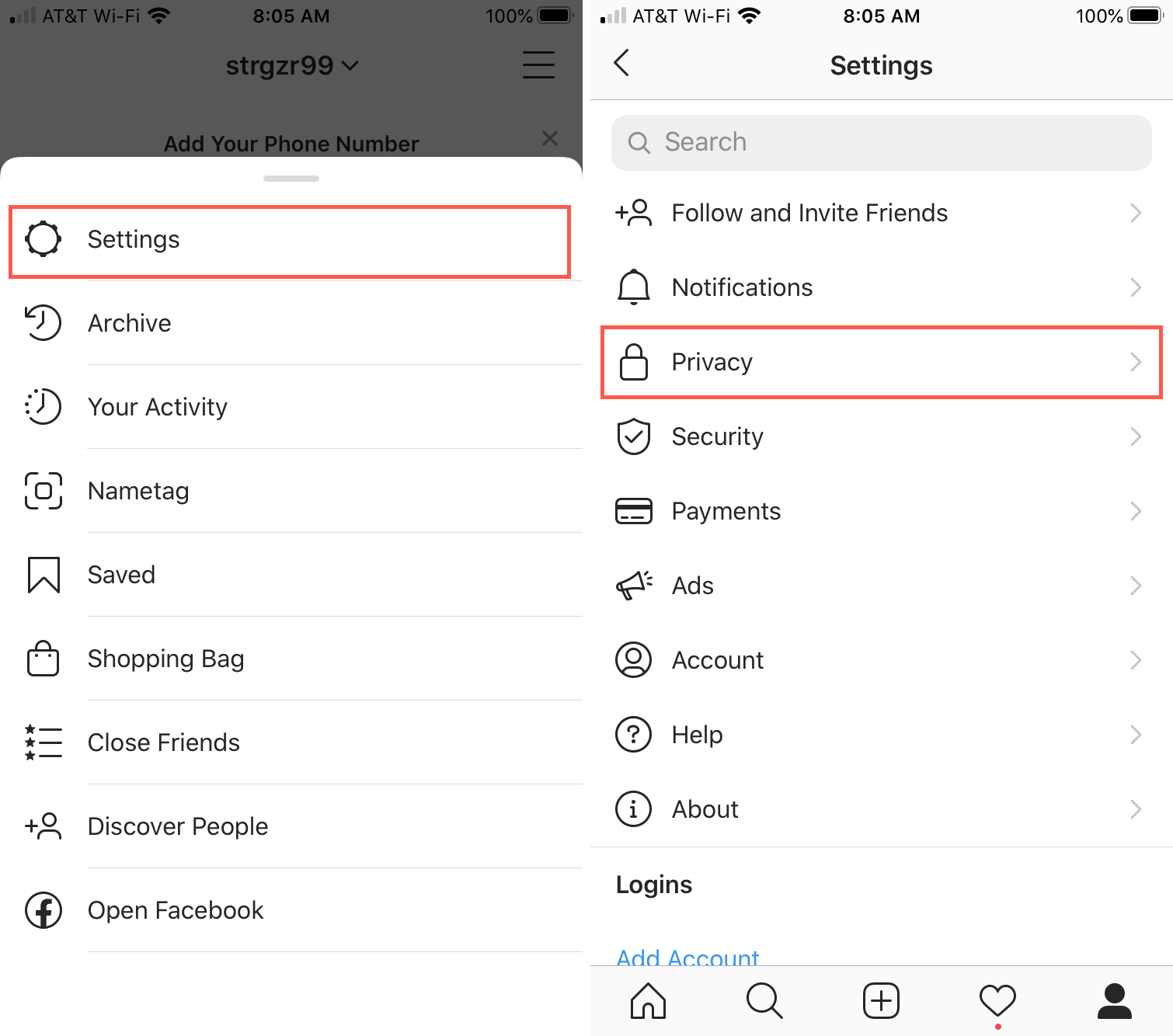 Privacy delle impostazioni di Instagram