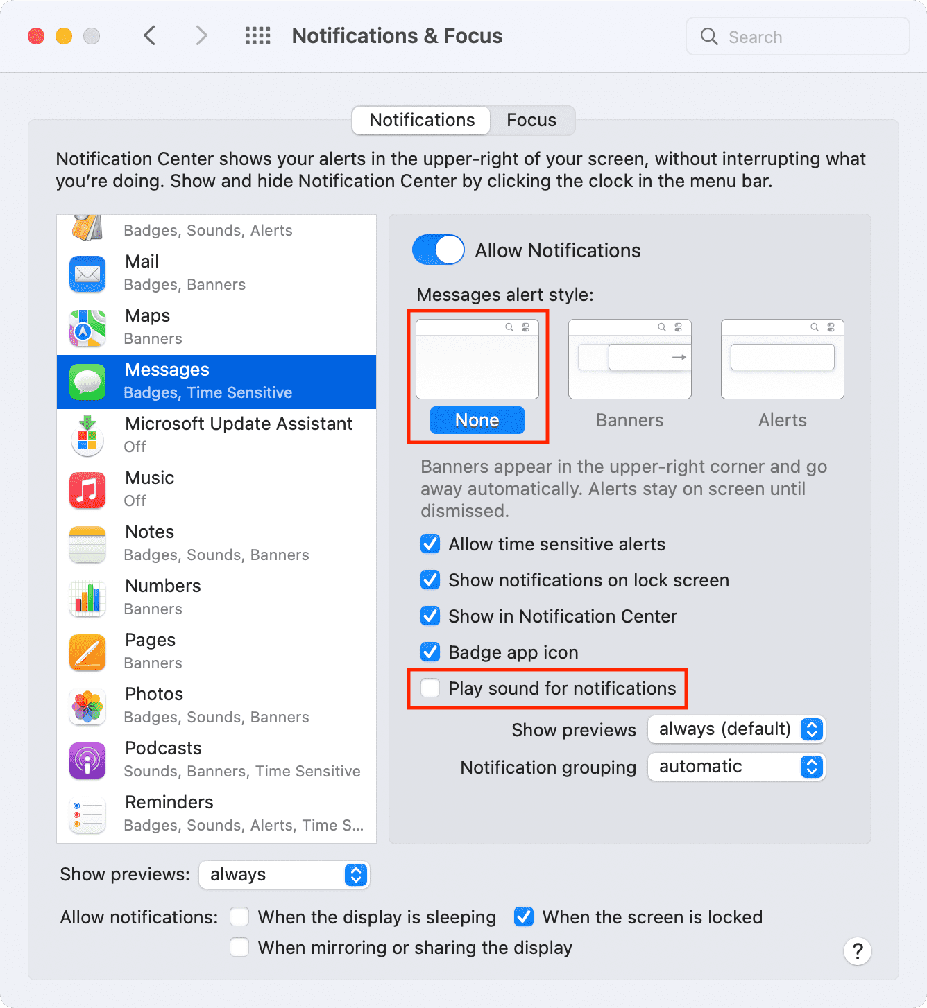 Disattiva tutti gli avvisi dei messaggi su Mac