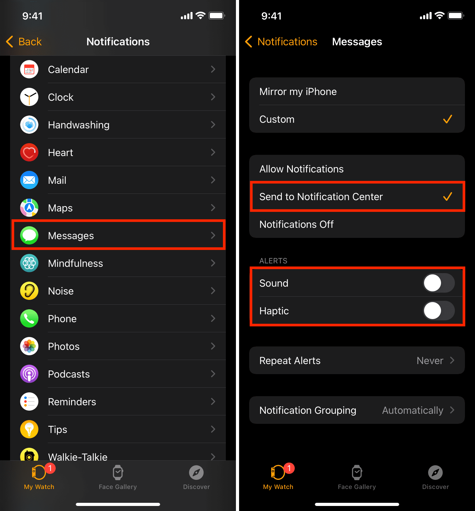 Disattiva tutti gli avvisi di iMessage su Apple Watch
