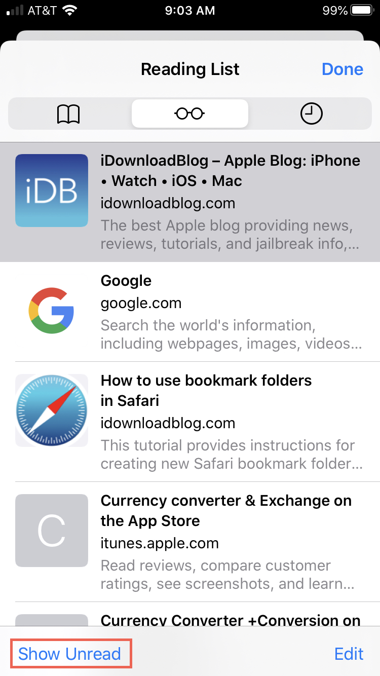 Mostra elenco di lettura non letto Safari iPhone