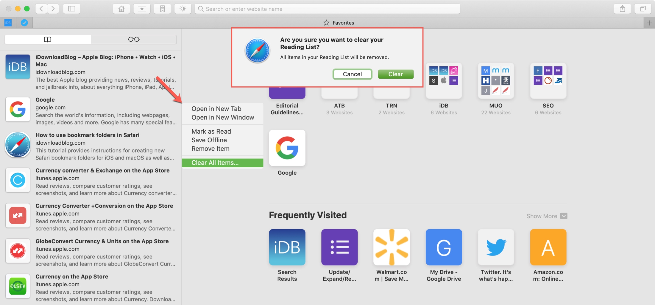 Elimina l'elenco di lettura Safari Mac