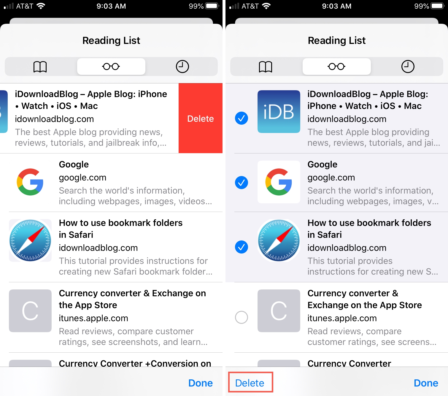 Elimina l'elenco di lettura Safari iPhone
