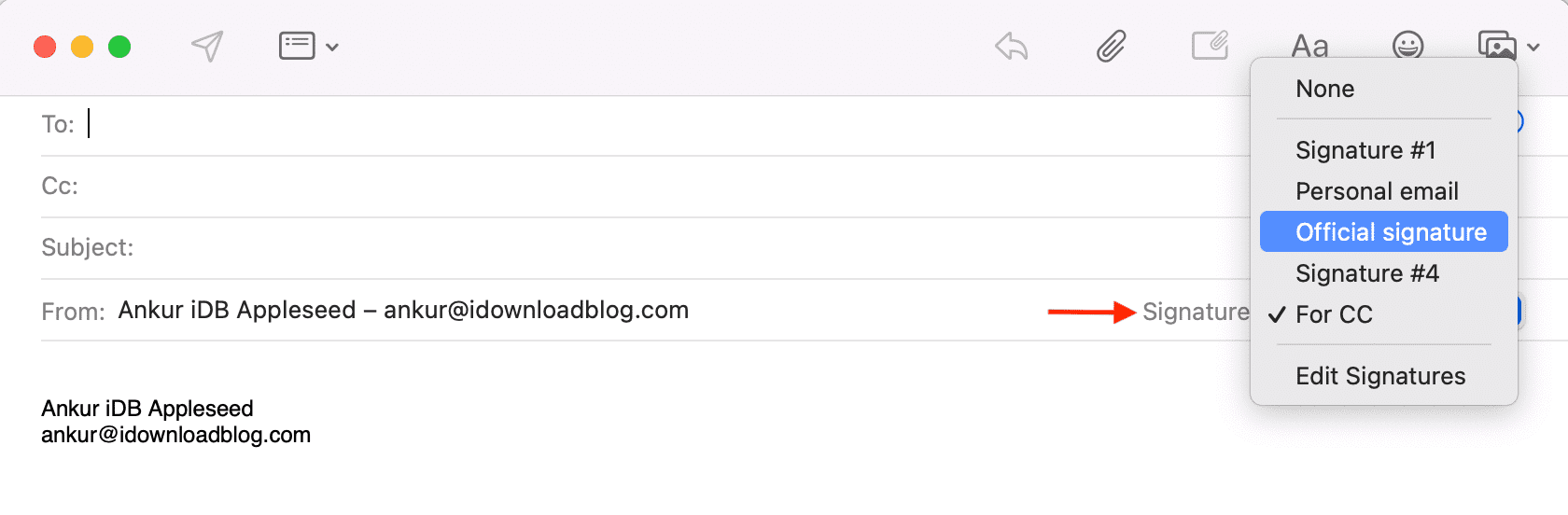 Scegli la firma nell'app Mail su Mac