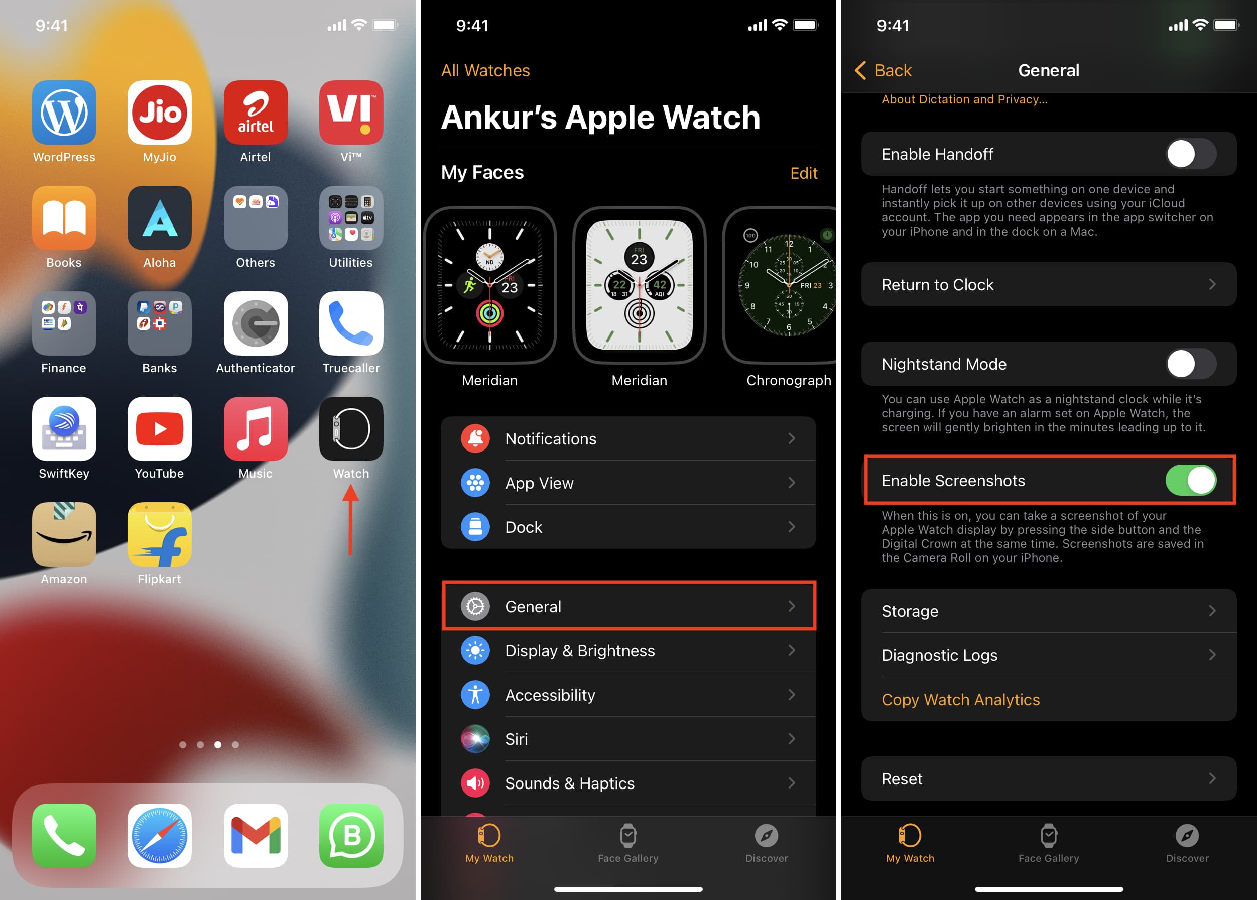 Abilita screenshot nell'app Watch su iPhone