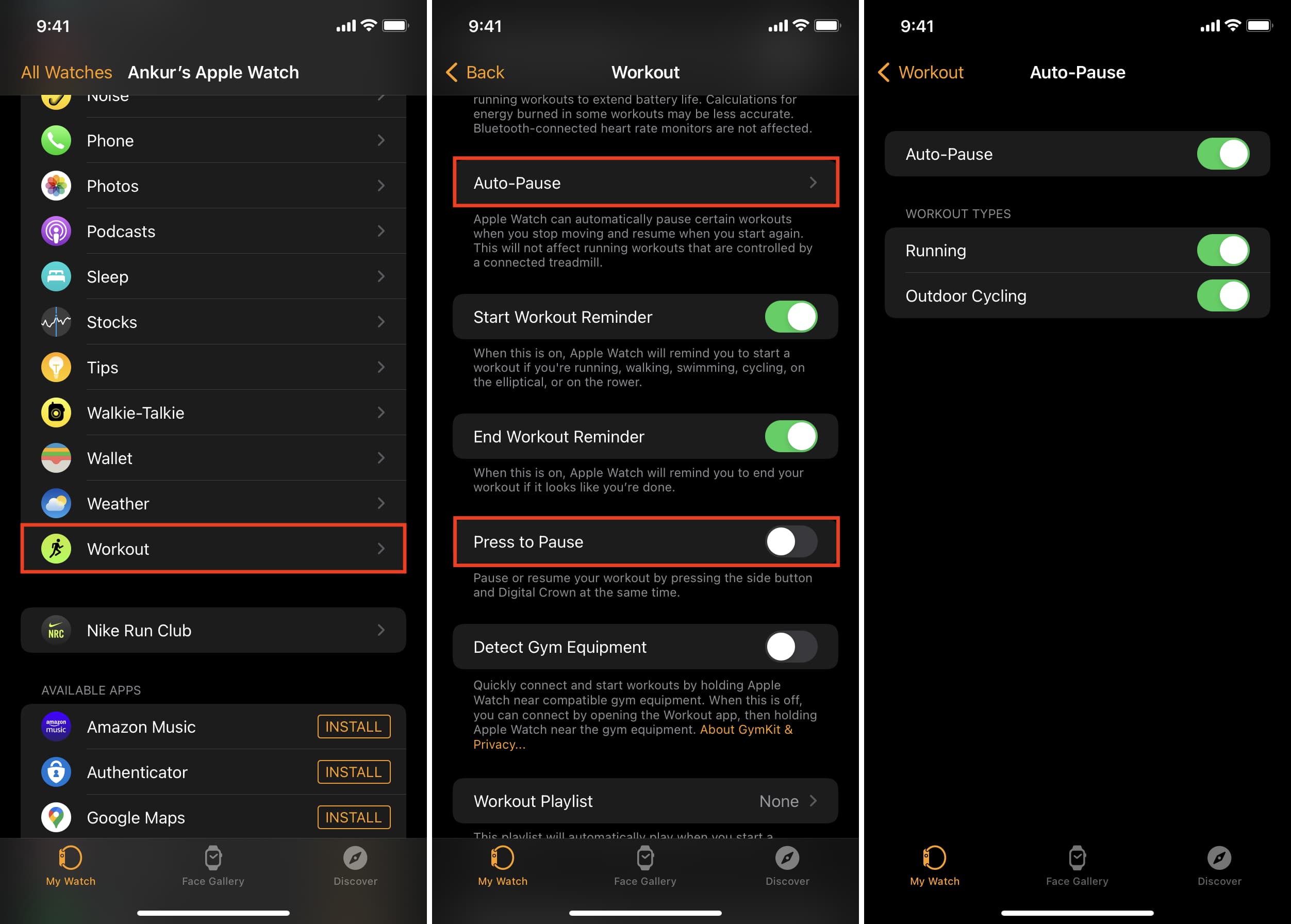 Metti in pausa automaticamente e premi per mettere in pausa nelle impostazioni di allenamento su Apple Watch
