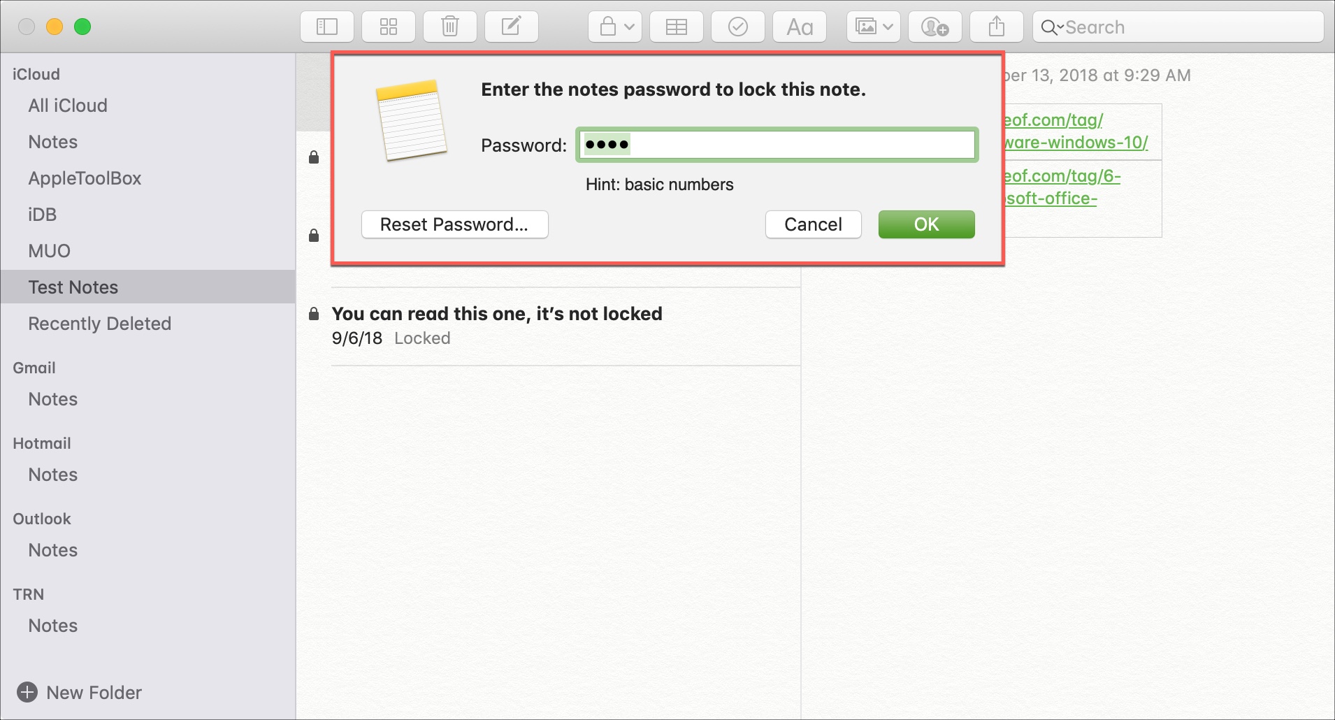Reimposta password dopo i tentativi Note su Mac