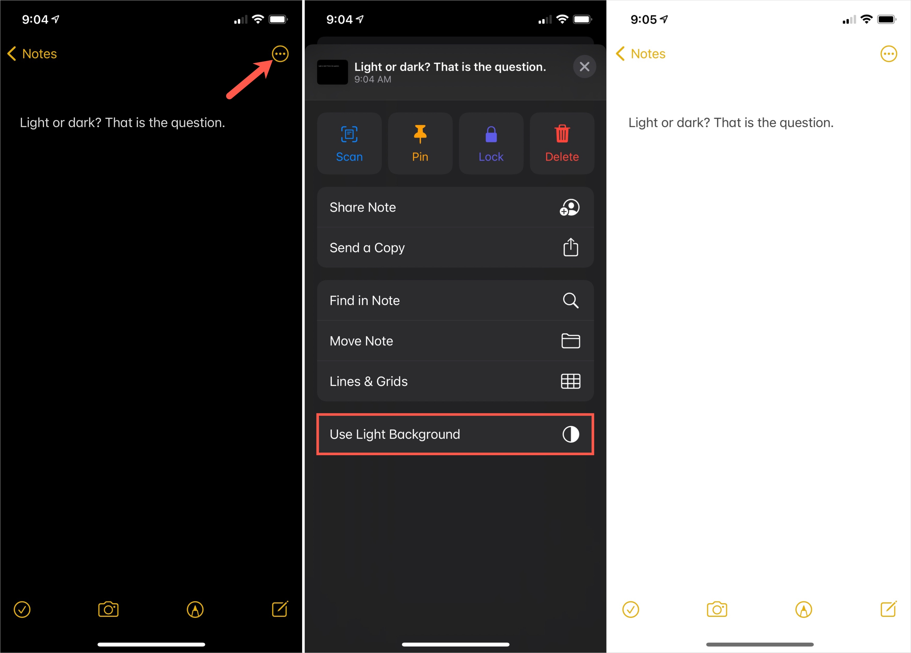 Note Luce di sfondo in modalità oscura su iPhone