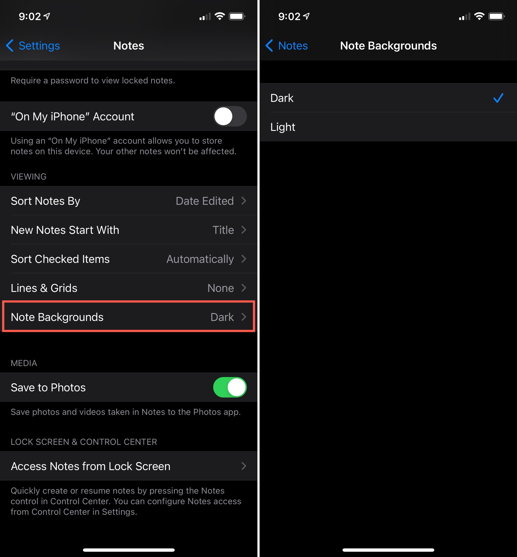 Note Sfondo scuro su iPhone